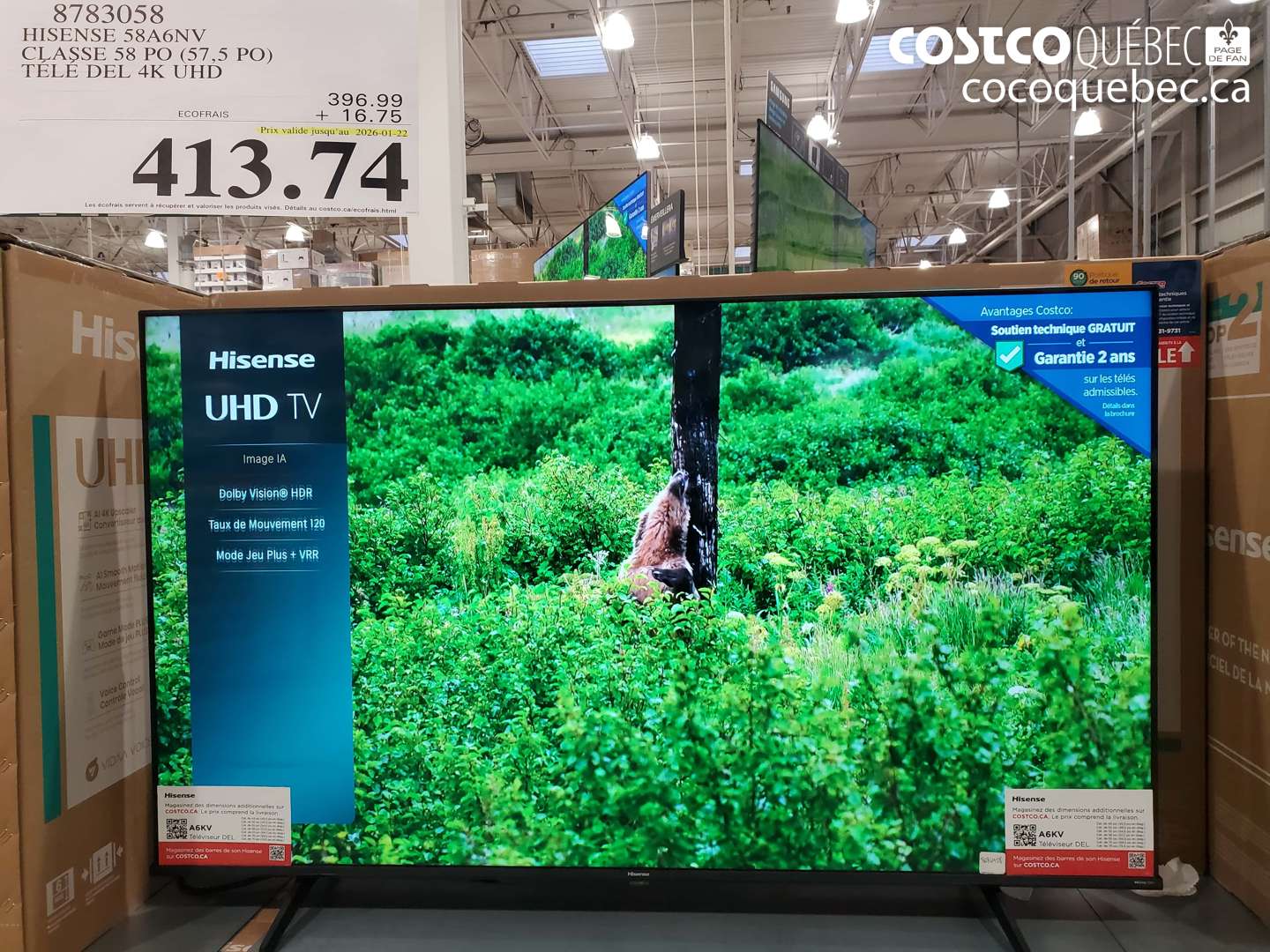 8783058 HISENSE 58A6NV CLASSE 58 PO (57,5 PO) TÉLÉ DEL 4K UHD (EXPIRES ON 2026-01-22) $413.74