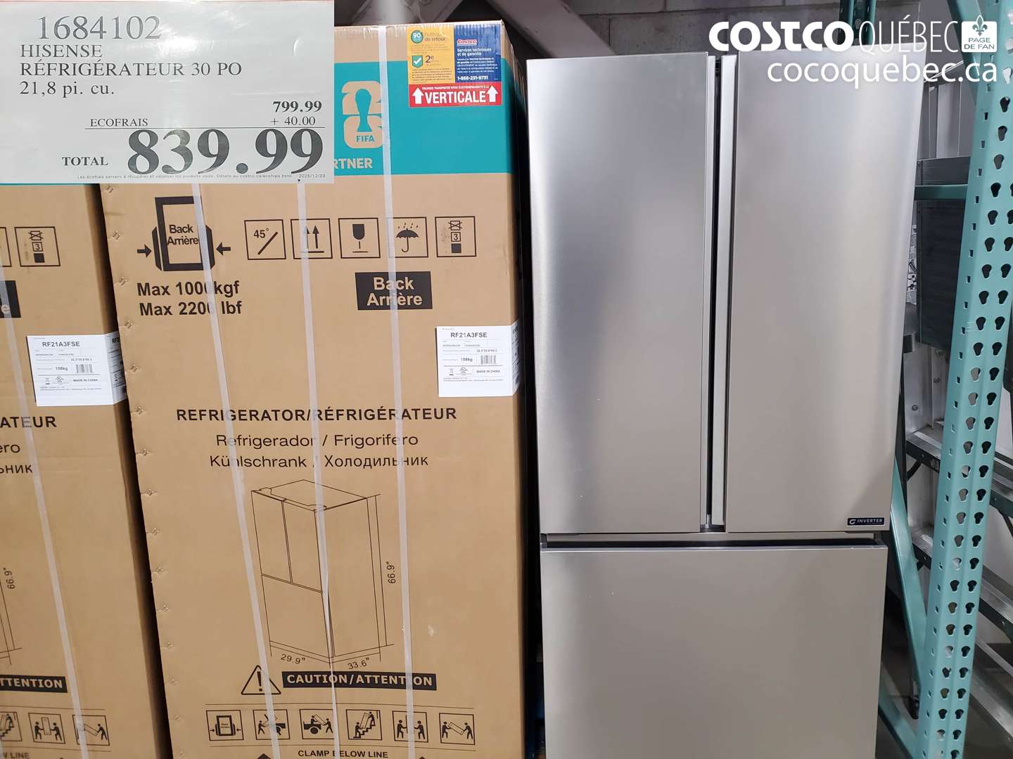 1684102 HISENSE RÉFRIGÉRATEUR 30 PO 21,8 pi. cu. $839.99