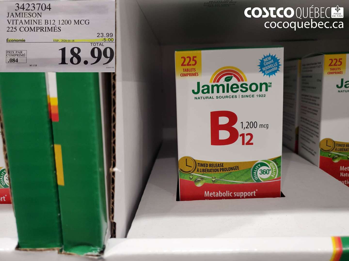 3423704 JAMIESON VITAMINE B12 1200 MCG 225 COMPRIMES ($5.00 INSTANT SAVINGS EXPIRES ON 2026-01-18) $18.99