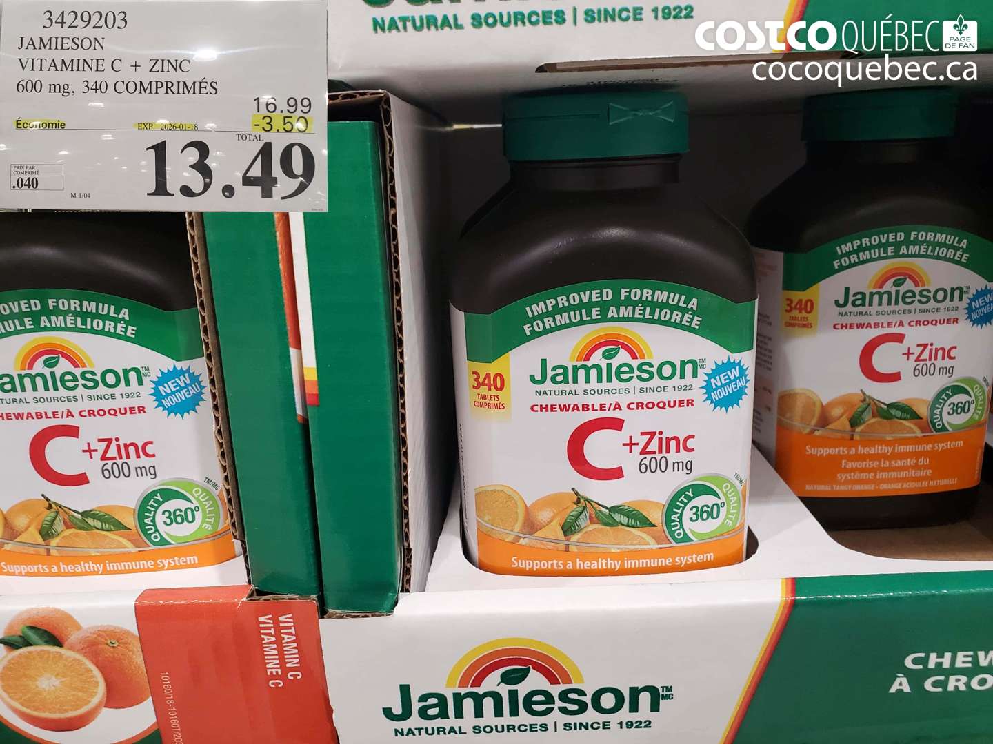 3429203 JAMIESON VITAMINE C + ZINC 600 mg, 340 COMPRIMÉS ($3.50 INSTANT SAVINGS EXPIRES ON 2026-01-18) $13.49