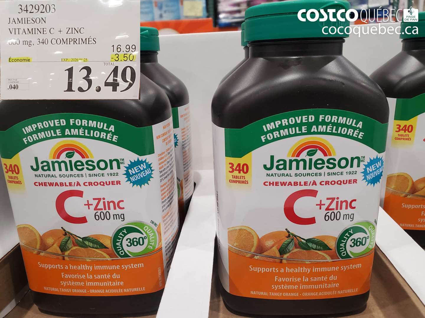 3429203 JAMIESON VITAMINE C + ZINC 600 mg, 340 COMPRIMÉS ($3.50 INSTANT SAVINGS EXPIRES ON 2026-01-18) $13.49