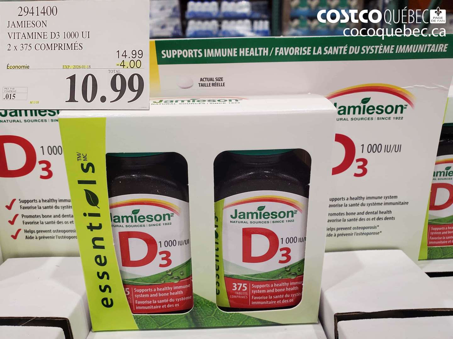 2941400 JAMIESON VITAMINE D3 1000 UI 2 x 375 COMPRIMÉS ($4.00 INSTANT SAVINGS EXPIRES ON 2026-01-18) $10.99