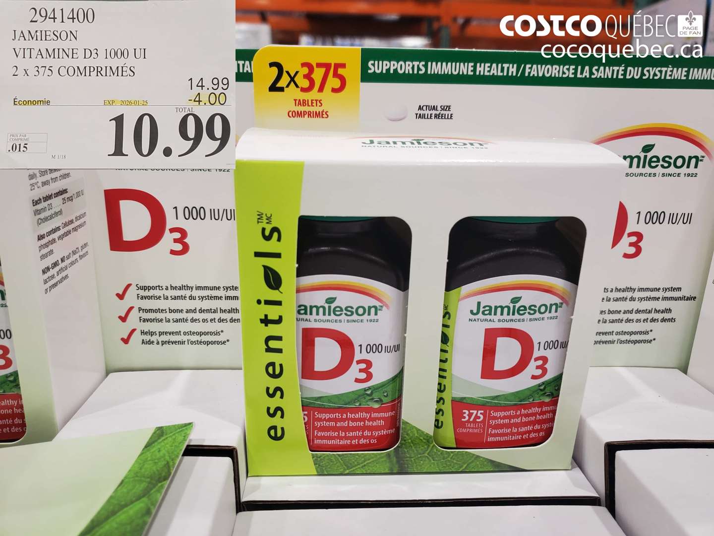2941400 JAMIESON VITAMINE D3 1000 UI 2 x 375 COMPRIMÉS ($4.00 INSTANT SAVINGS EXPIRES ON 2026-01-18) $10.99