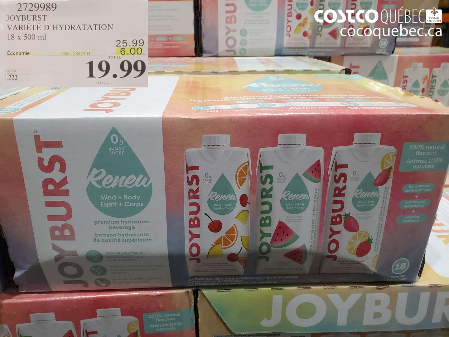 2729989 JOYBURST VARIÉTÉ D'HYDRATATION 18 x 500 ml ($6.00 INSTANT SAVINGS EXPIRES ON 2026-02-15) $19.99