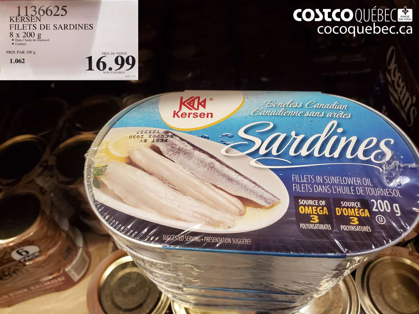1136625 KERSEN FILETS DE SARDINES 8 x 200 g $16.99