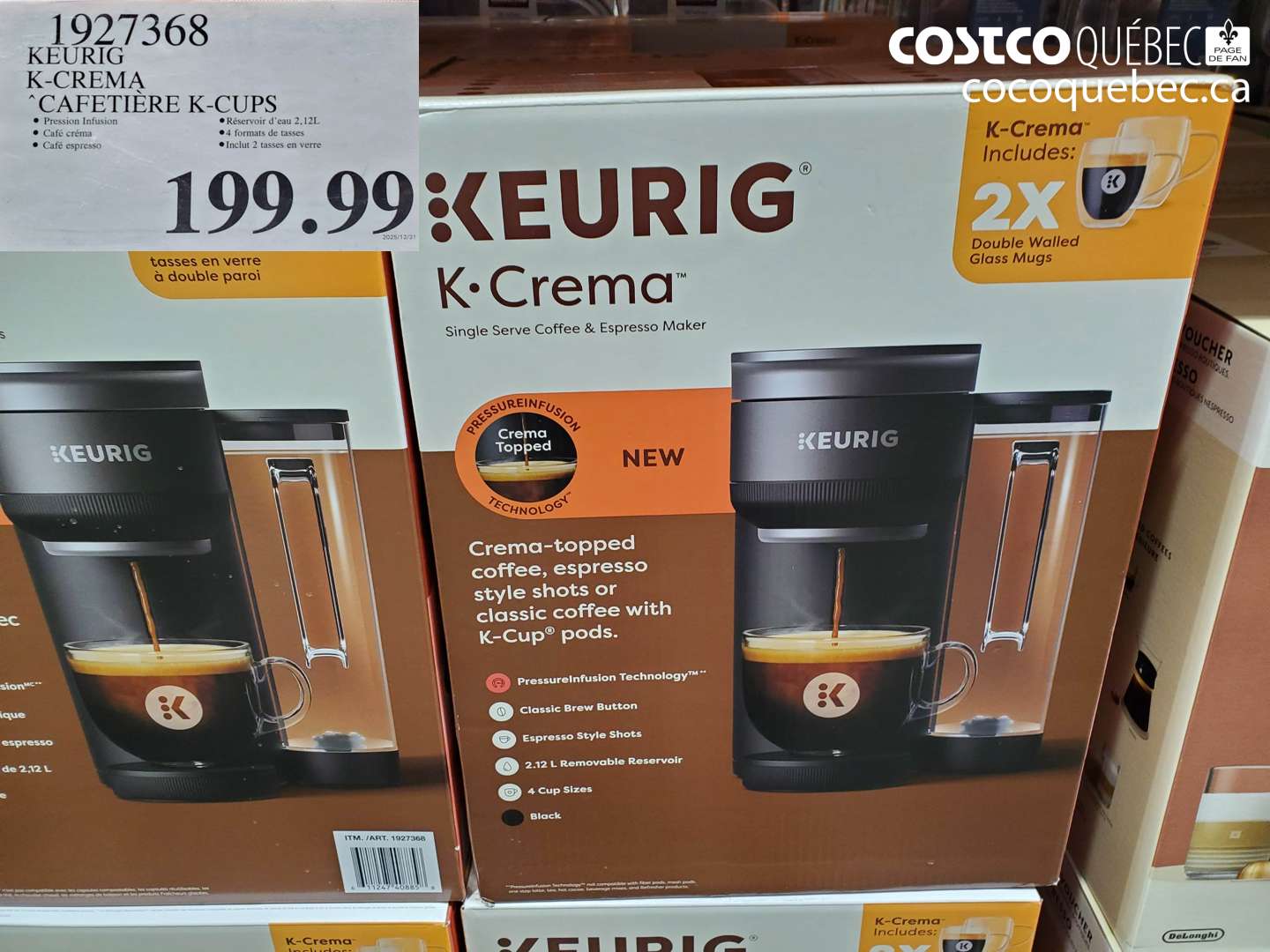 1927368 KEURIG K-CREMA CAFETIÈRE K-CUPS $199.99