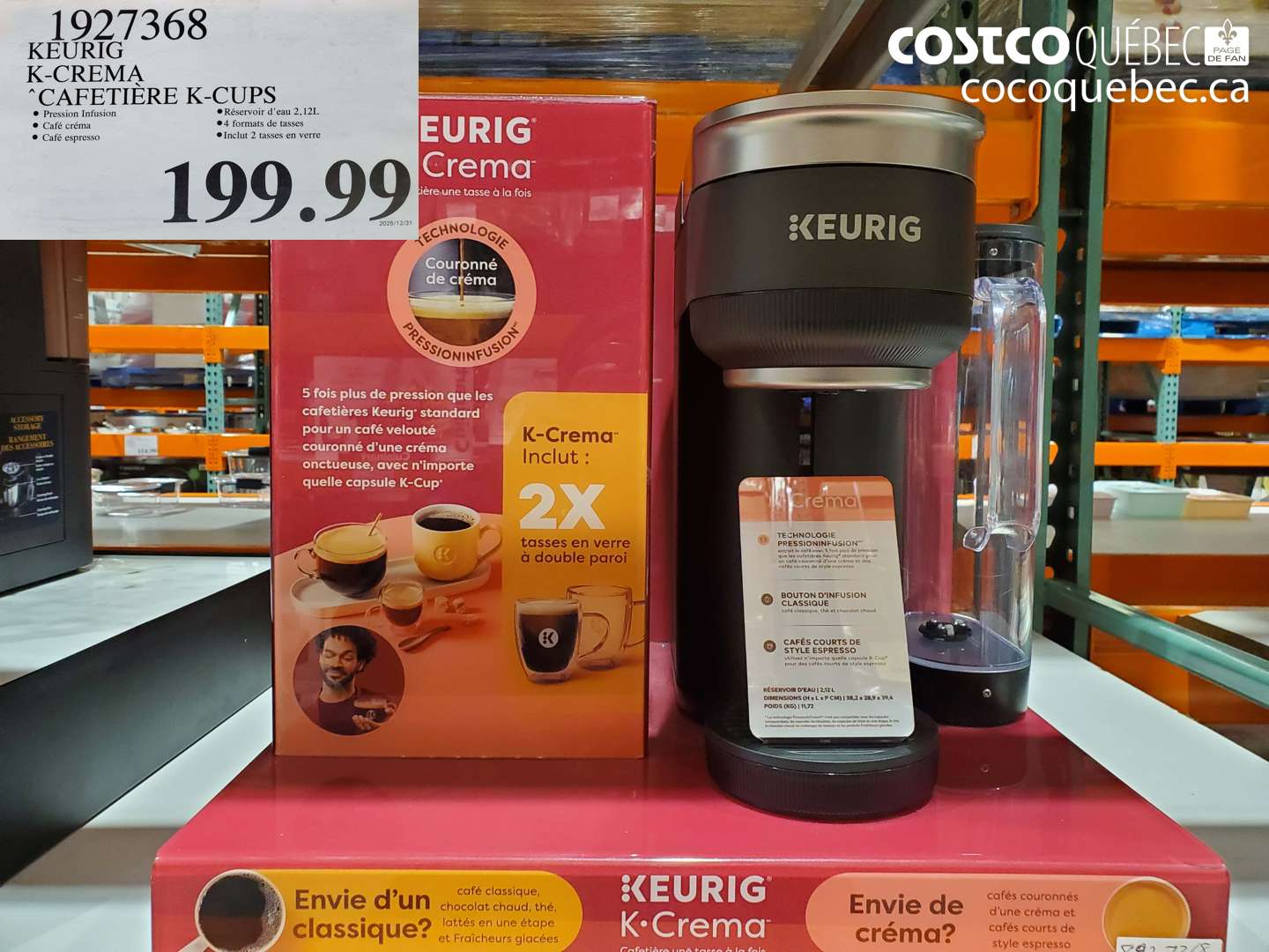 1927368 KEURIG K-CREMA CAFETIÈRE K-CUPS $199.99