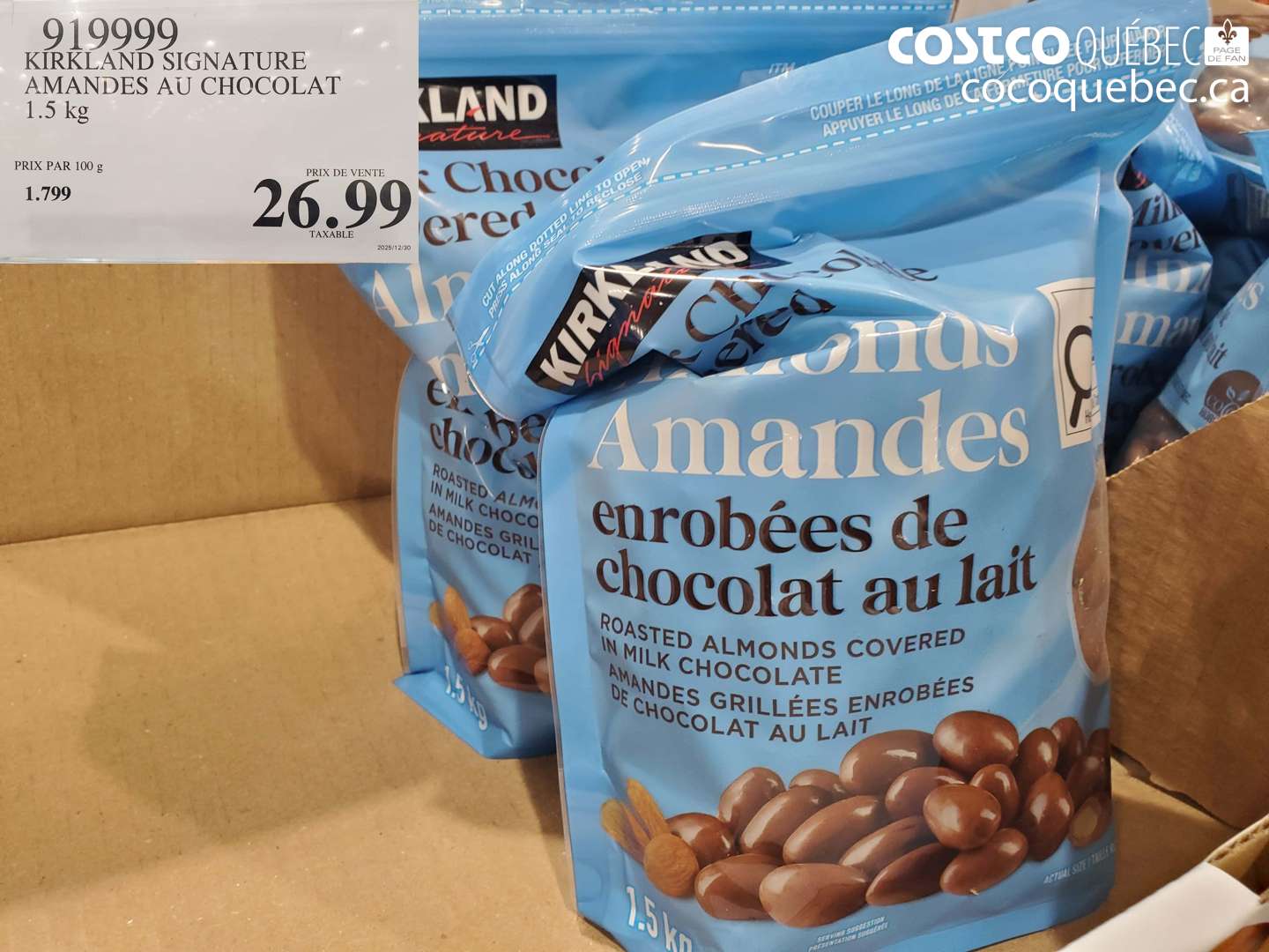 919999 KIRKLAND SIGNATURE AMANDES AU CHOCOLAT 1.5 kg $26.99