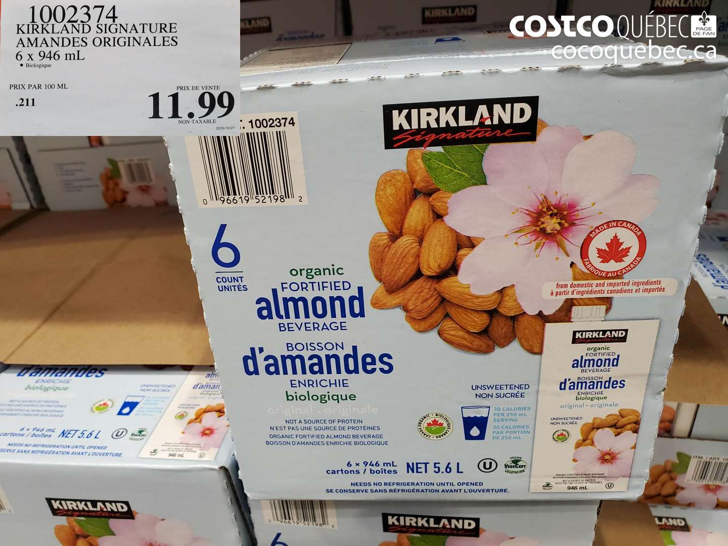 1002374 KIRKLAND SIGNATURE AMANDES ORIGINALES 6 x 946 mL $11.99