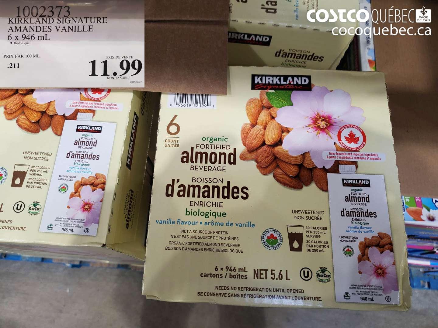 1002373 KIRKLAND SIGNATURE AMANDES VANILLE 6 x 946 mL $11.99