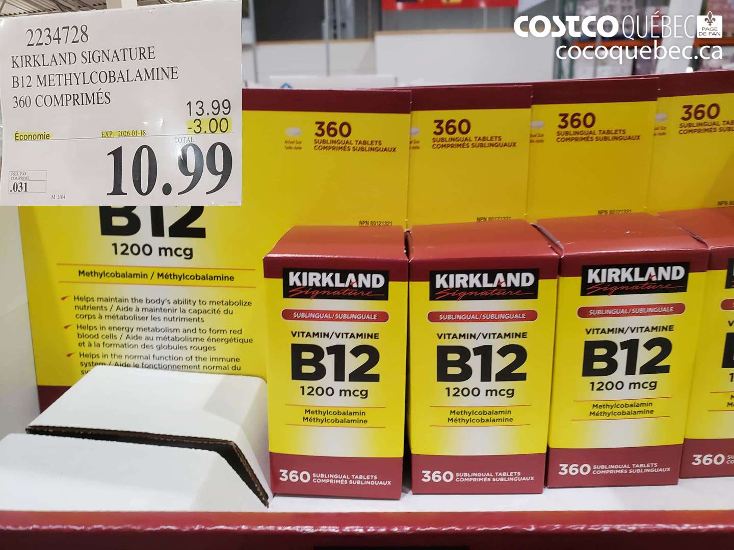 2234728 KIRKLAND SIGNATURE B12 METHYLCOBALAMINE 360 COMPRIMÉS ($3.00 INSTANT SAVINGS EXPIRES ON 2026-01-18) $10.99