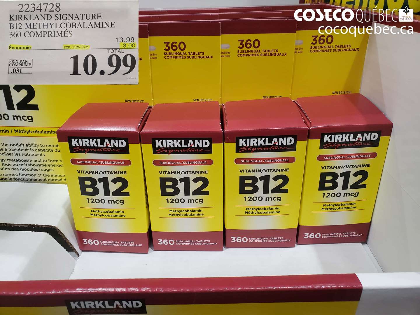 2234728 KIRKLAND SIGNATURE B12 METHYLCOBALAMINE 360 COMPRIMÉS ($3.00 INSTANT SAVINGS EXPIRES ON 2026-01-18) $10.99