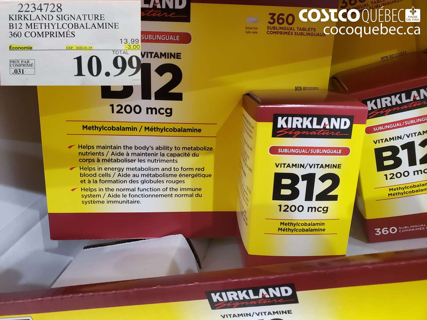 2234728 KIRKLAND SIGNATURE B12 METHYLCOBALAMINE 360 COMPRIMÉS ($3.00 INSTANT SAVINGS EXPIRES ON 2026-01-25) $10.99