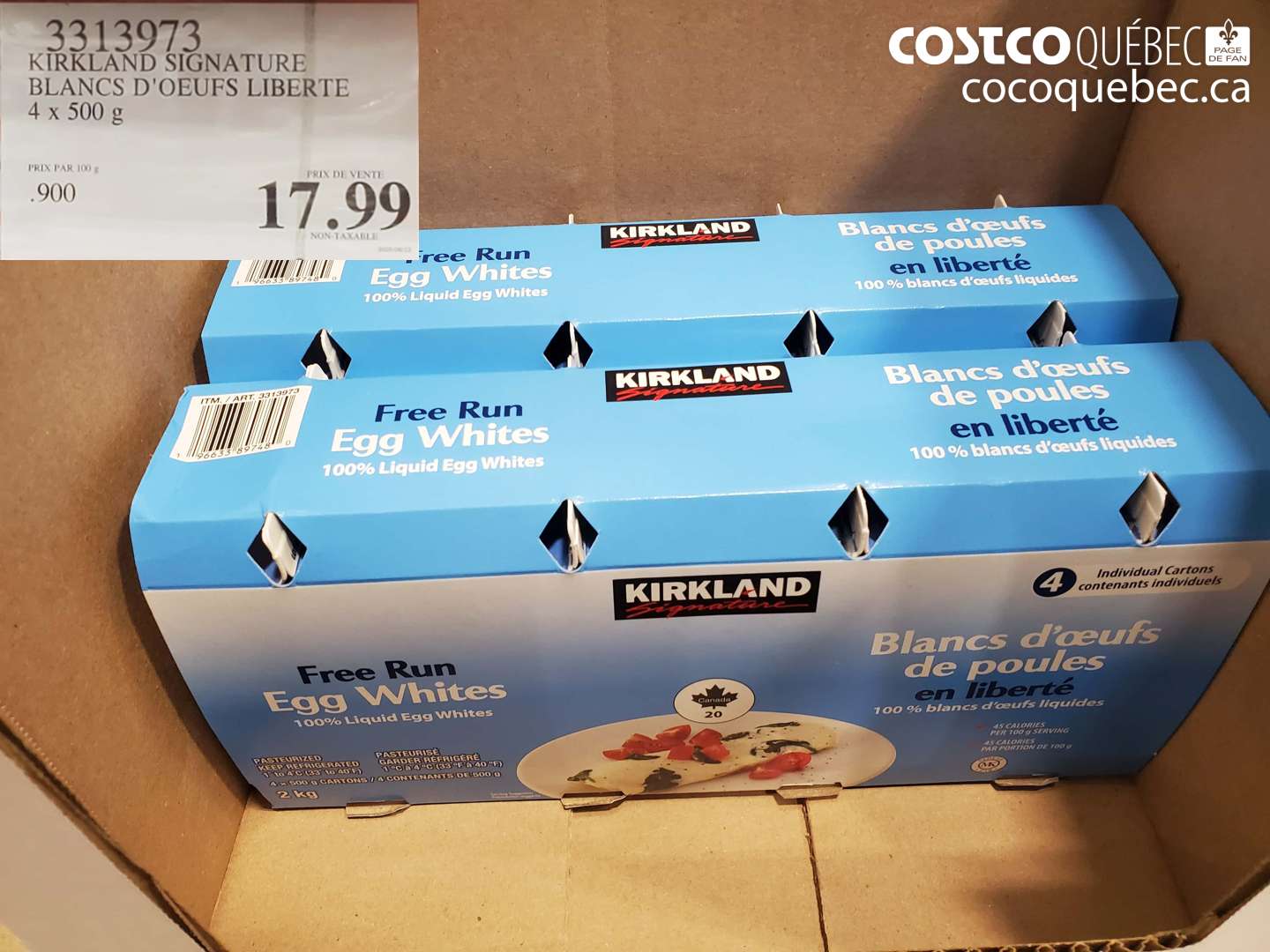 3313973 KIRKLAND SIGNATURE BLANCS D'OEUFS LIBERTE 4 x 500 g $17.99