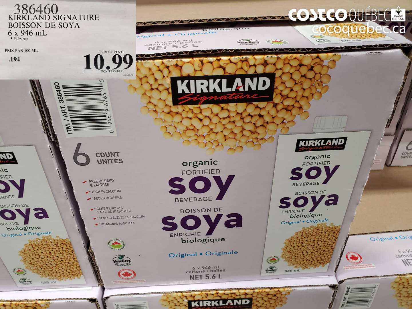 386460 KIRKLAND SIGNATURE BOISSON DE SOYA 6 x 946 mL • Biologique $10.99