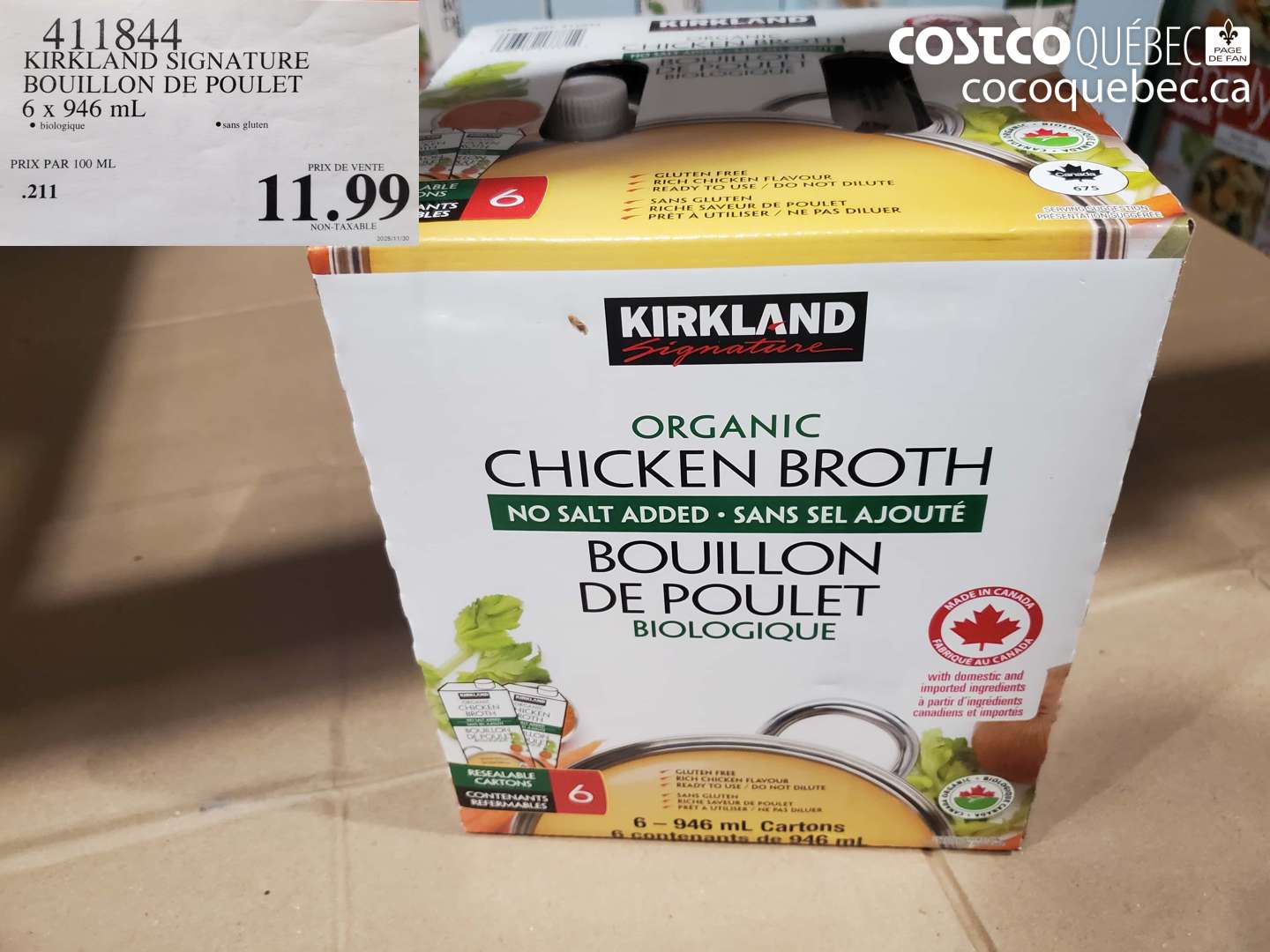 411844 KIRKLAND SIGNATURE BOUILLON DE POULET 6 x 946 mL  $11.99