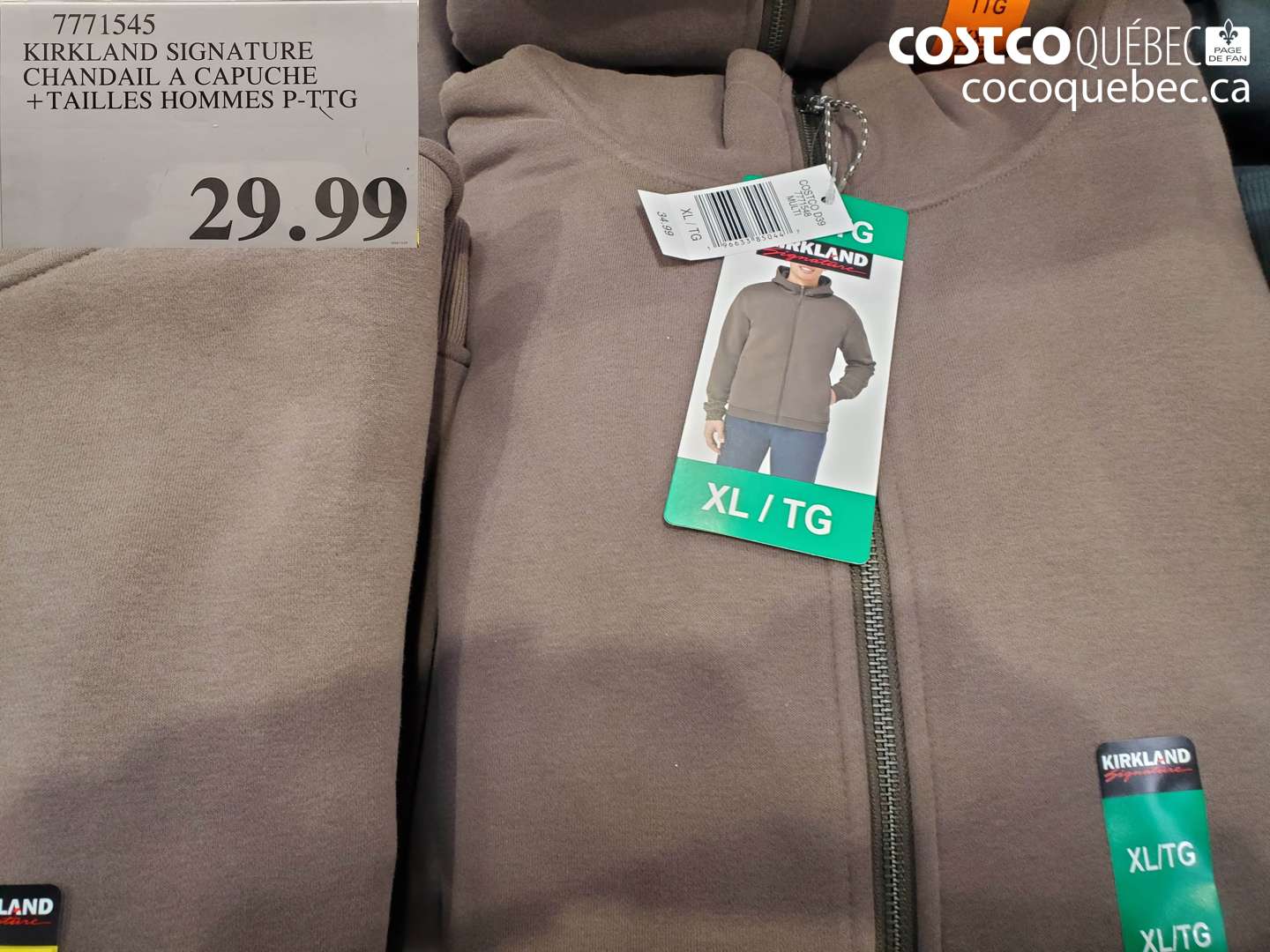 7771545 KIRKLAND SIGNATURE CHANDAIL A CAPUCHE + TAILLES HOMMES P-TG $29.99
