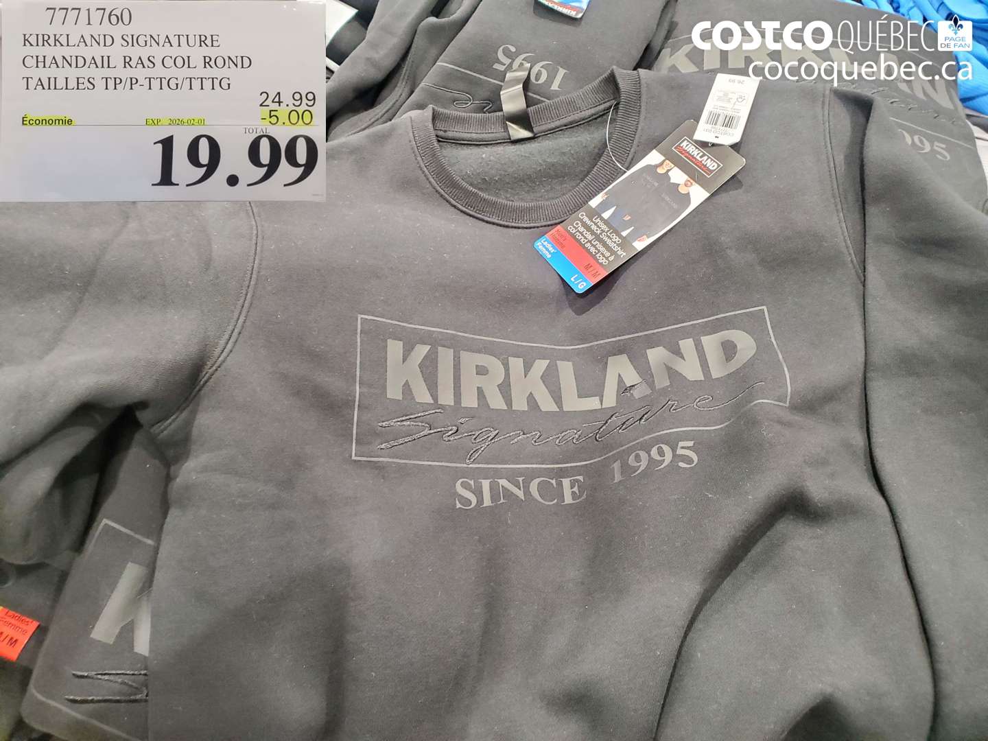 7771760 KIRKLAND SIGNATURE CHANDAIL RAS COL ROND TAILLES TP/P-TTG/TTTG ($5.00 INSTANT SAVINGS EXPIRES ON 2026-02-01) $19.99