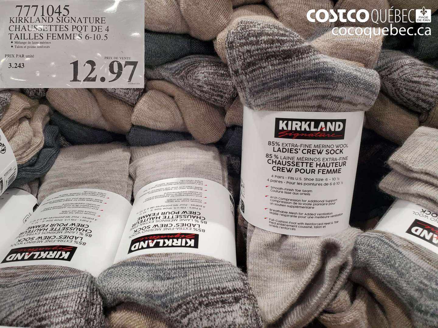 7711045 KIRKLAND SIGNATURE CHAUSSETTES POT DE 4 TAILLES FEMMES 6-10.5 $12.97