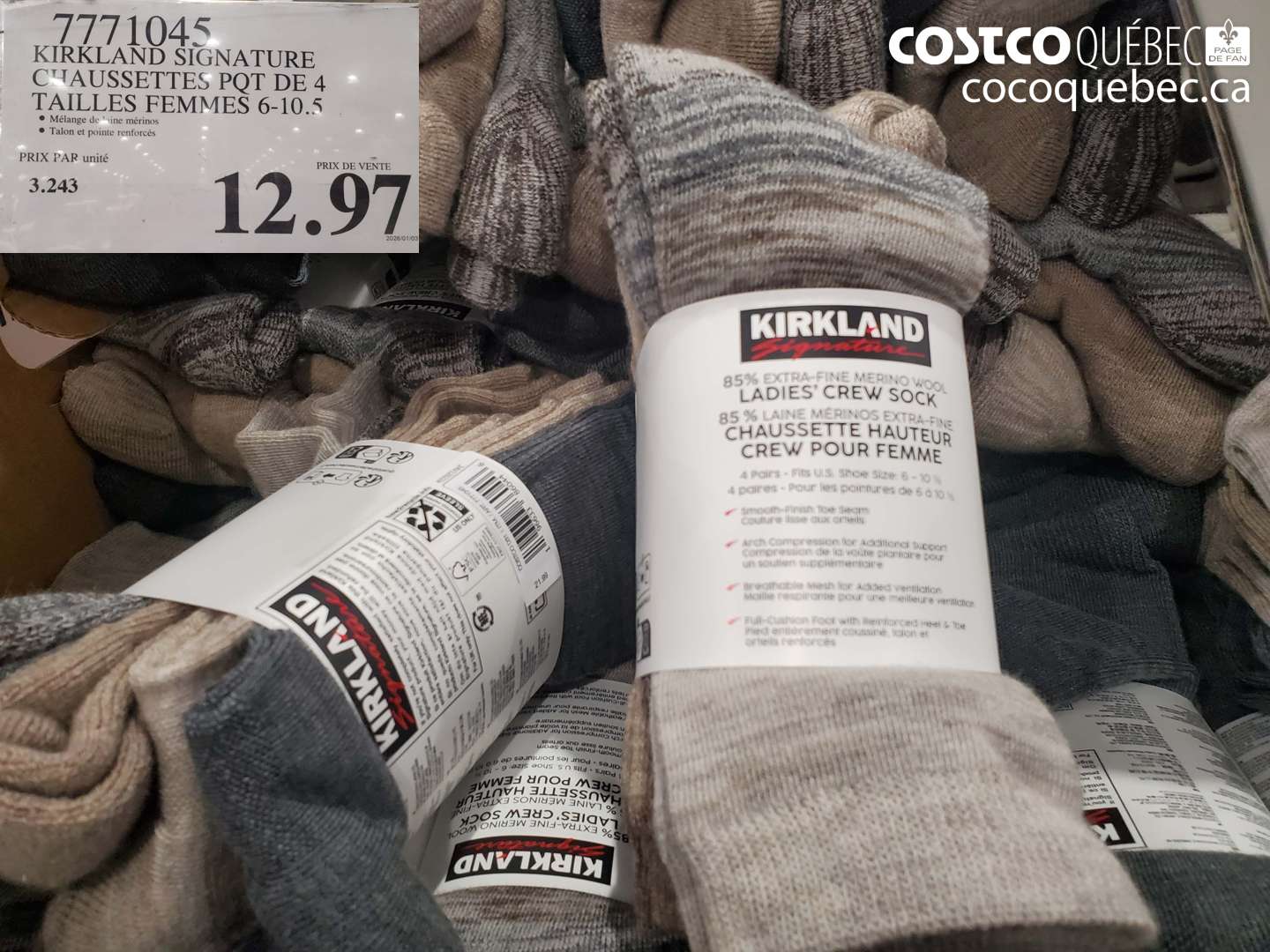 7771045 KIRKLAND SIGNATURE CHAUSSETTES POT DE 4 TAILLES FEMMES 6-10.5 $12.97