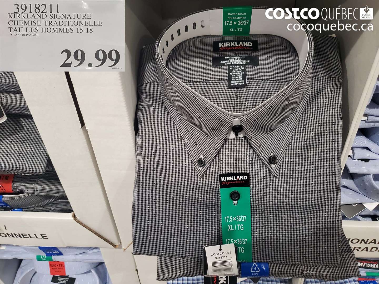 3918211 KIRKLAND SIGNATURE CHEMISE TRADITIONELLE | TAILLES HOMMES 15-18  $29.99