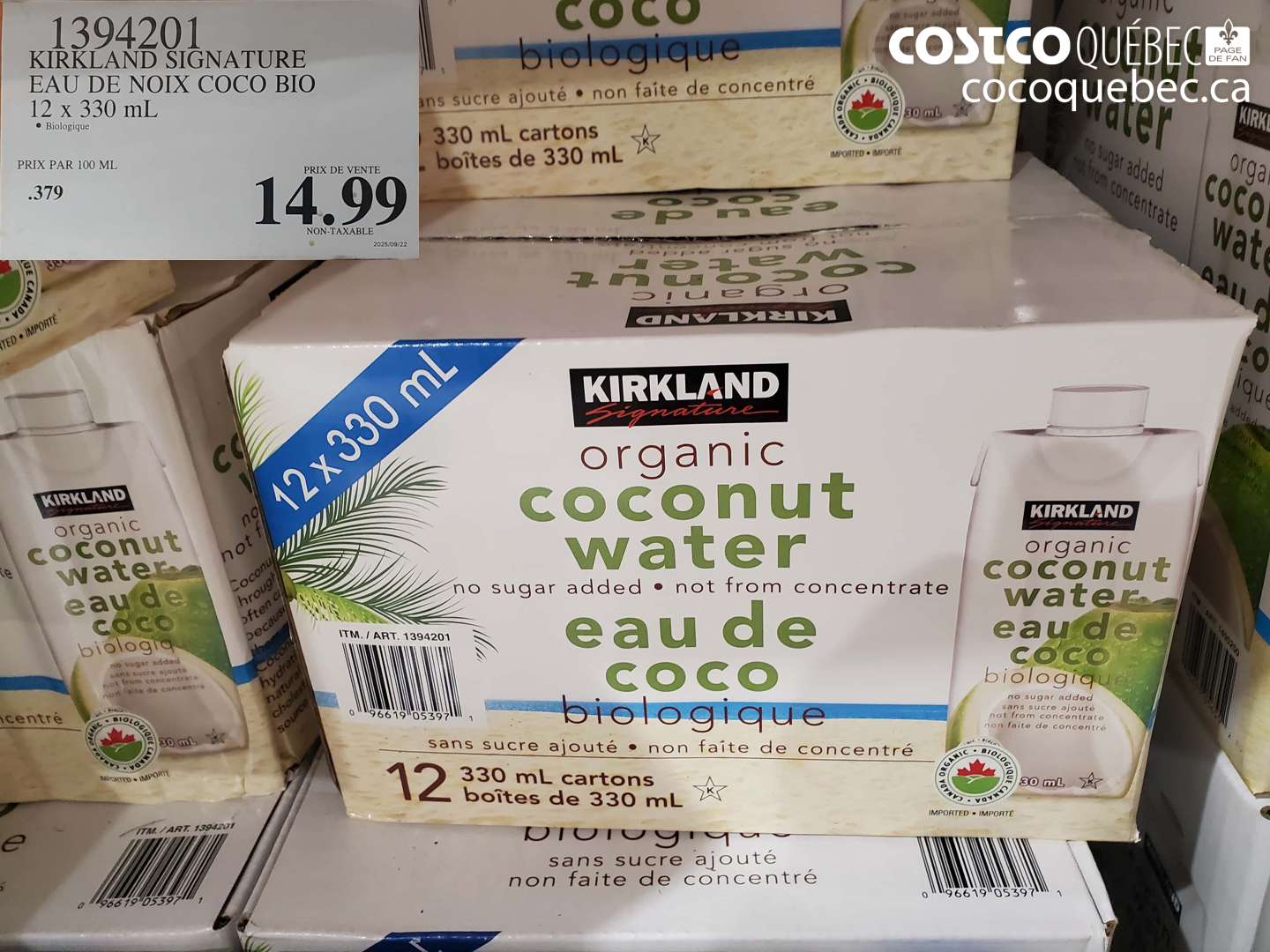 1394201 KIRKLAND SIGNATURE EAU DE NOIX COCO BIO 12 x 330 ml $14.99