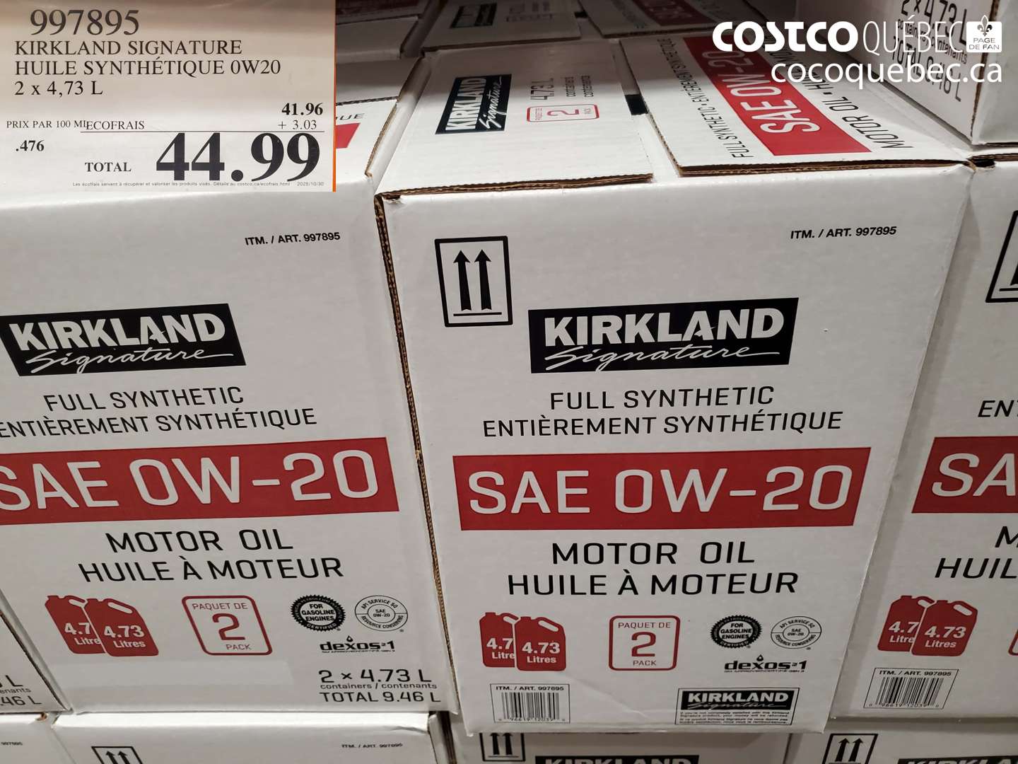 997895 KIRKLAND SIGNATURE HUILE SYNTHETIQUE 0W20 4.73L PAQUET DE 2  $44.99