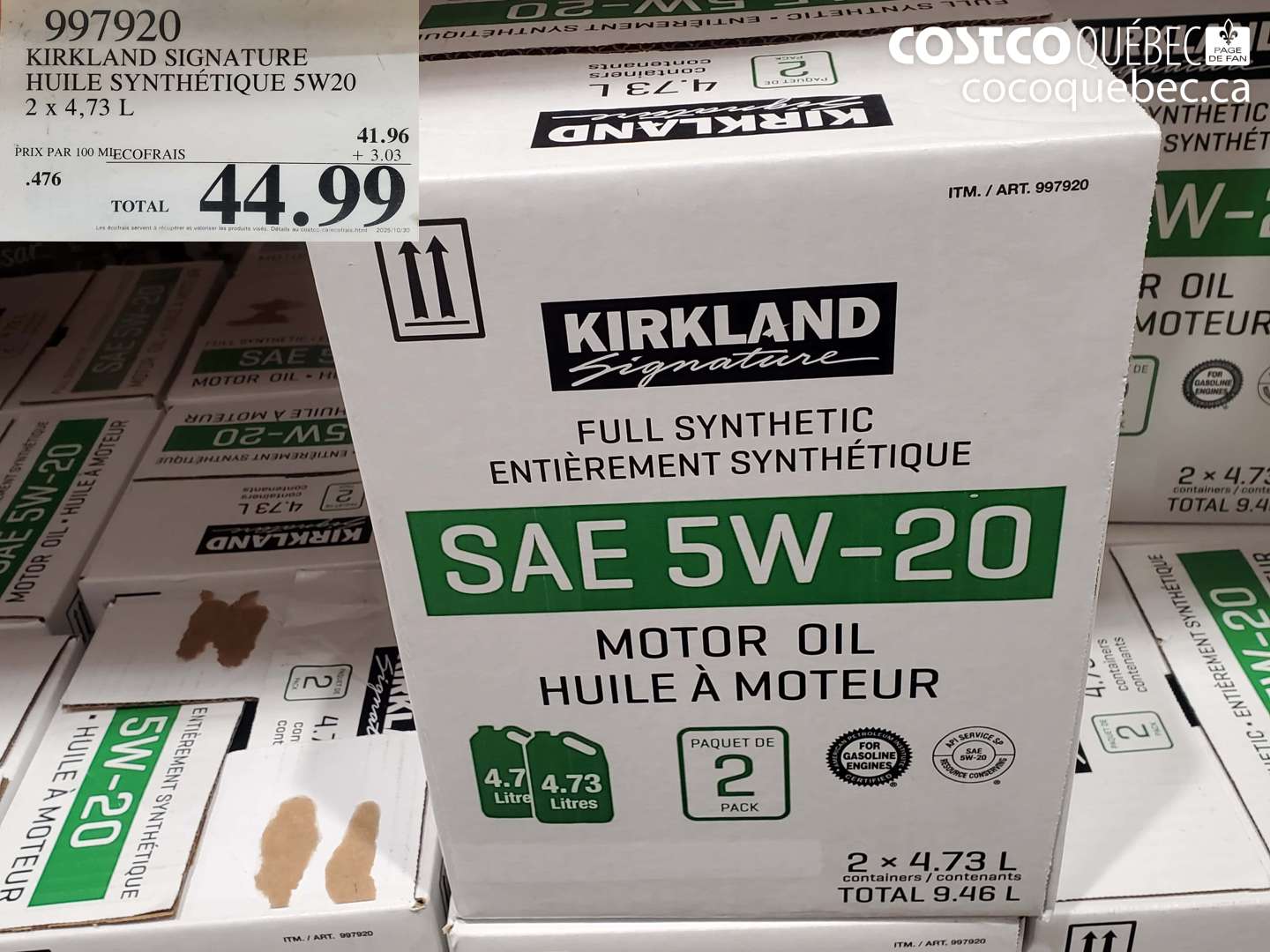 997920 KIRKLAND SIGNATURE HUILE SYNTHETIQUE 5W20 4.73L PAQUET DE 2  $44.99