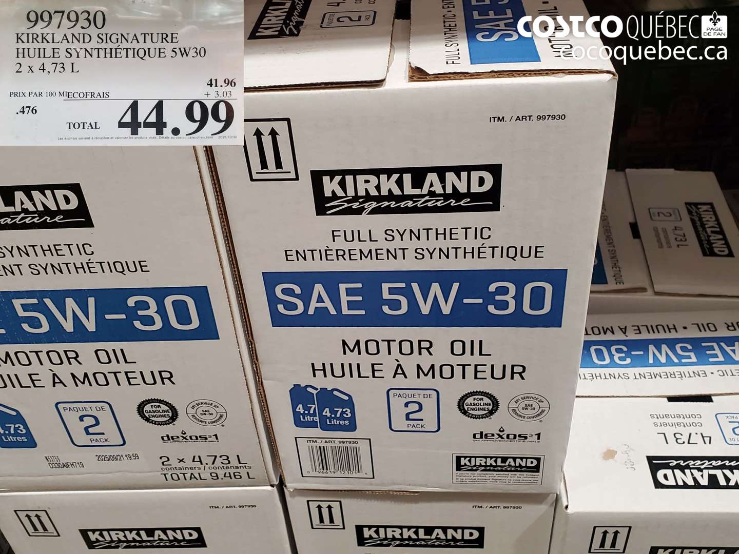 997930 KIRKLAND SIGNATURE HUILE SYNTHETIQUE 5W30 4.73L PAQUET DE 2  $44.99