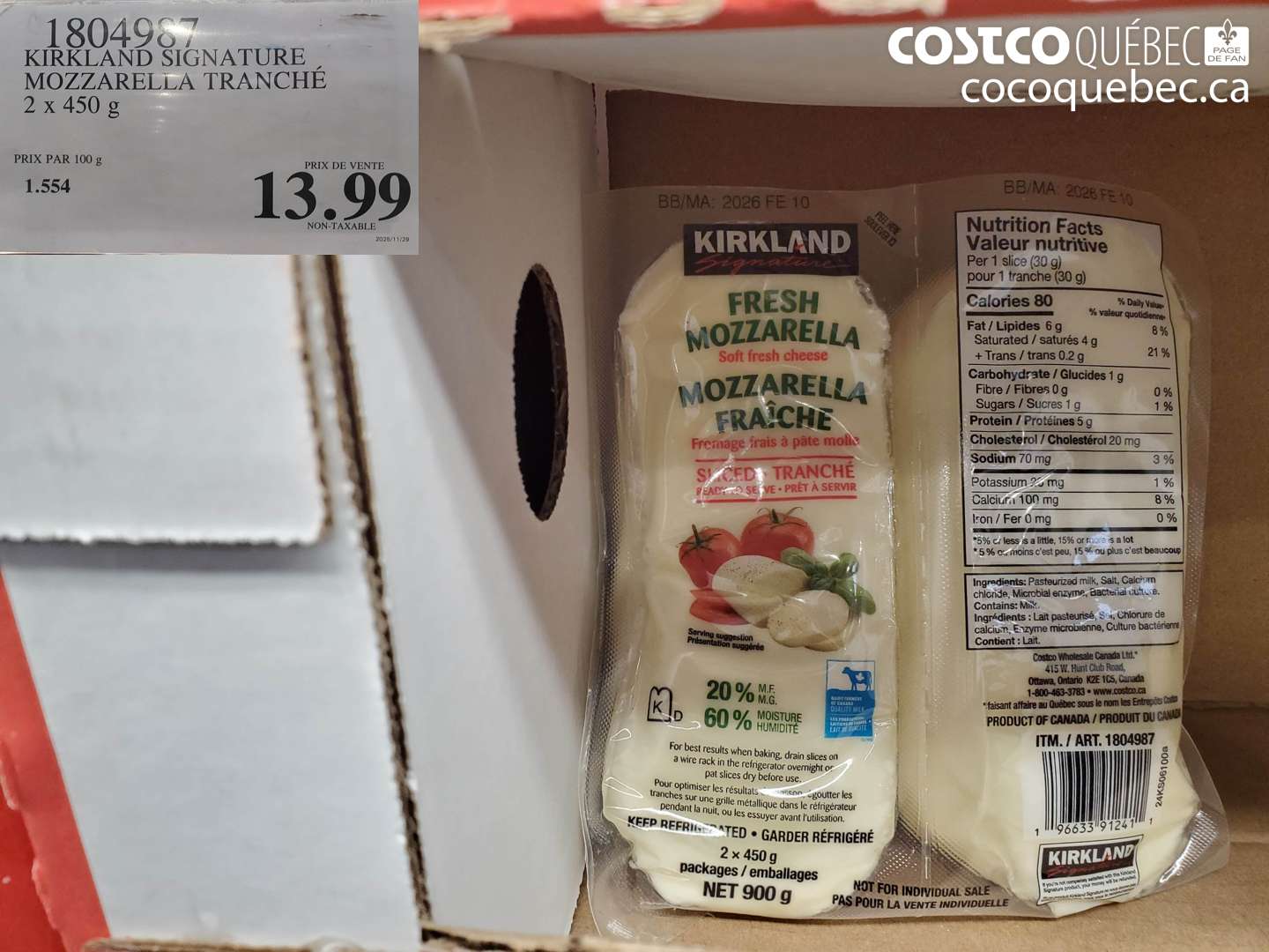 1804987 KIRKLAND SIGNATURE MOZZARELLA TRANCHE 2 x 450 g $13.99