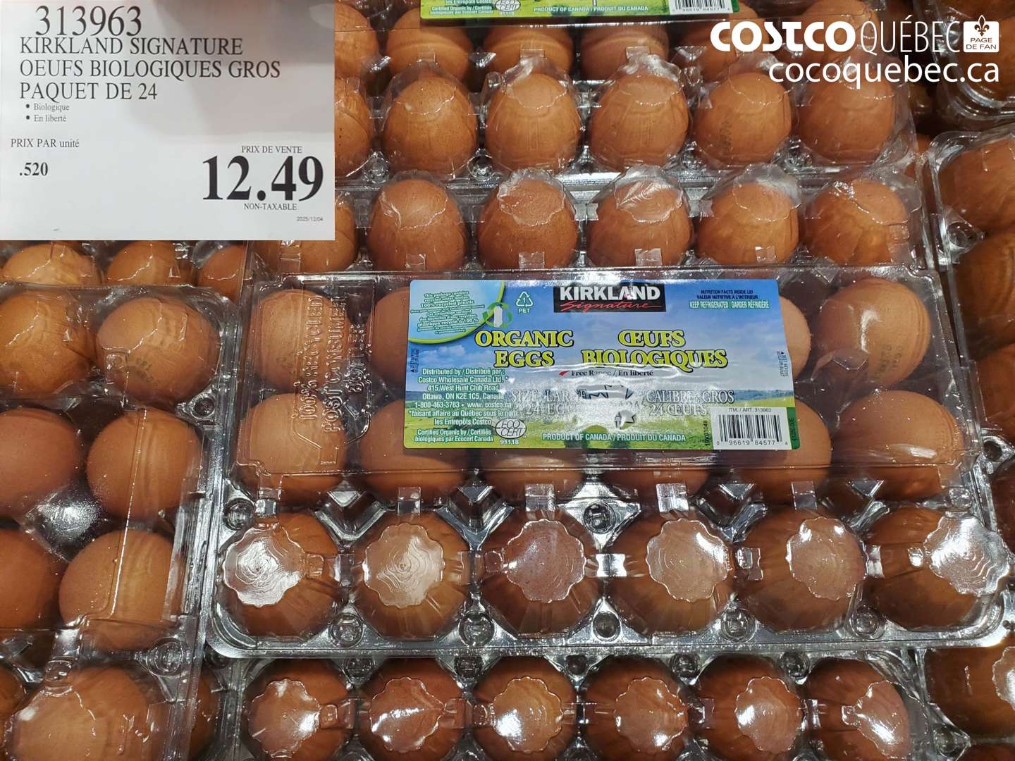 313963 KIRKLAND SIGNATURE OEUFS BIOLOGIQUES GROS PAQUET DE 24 $12.49