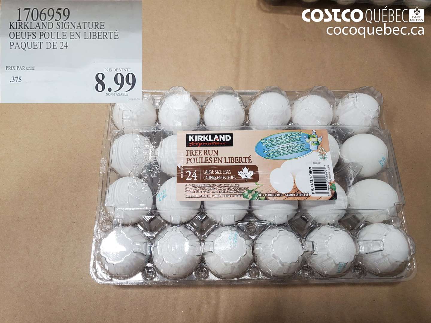 1706959 KIRKLAND SIGNATURE OEUFS POULE EN LIBERTÉ PAQUET DE 24 $8.99