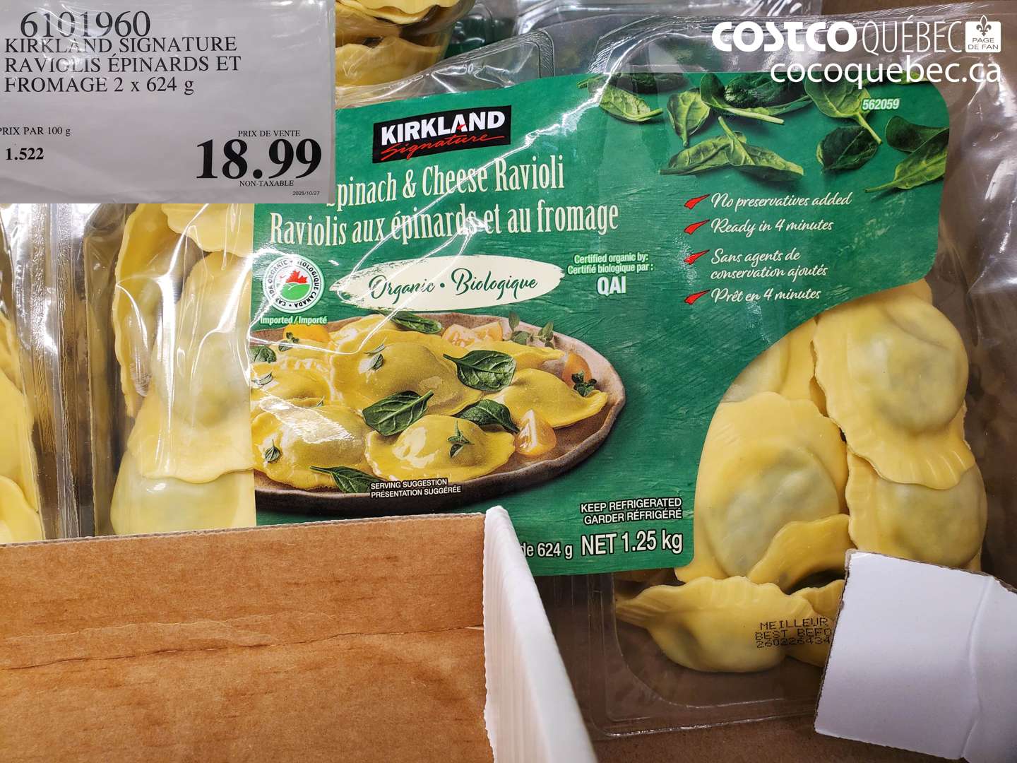 6101960 KIRKLAND SIGNATURE RAVIOLIS ÉPINARDS ET FROMAGE 2 x 624 g $18.99