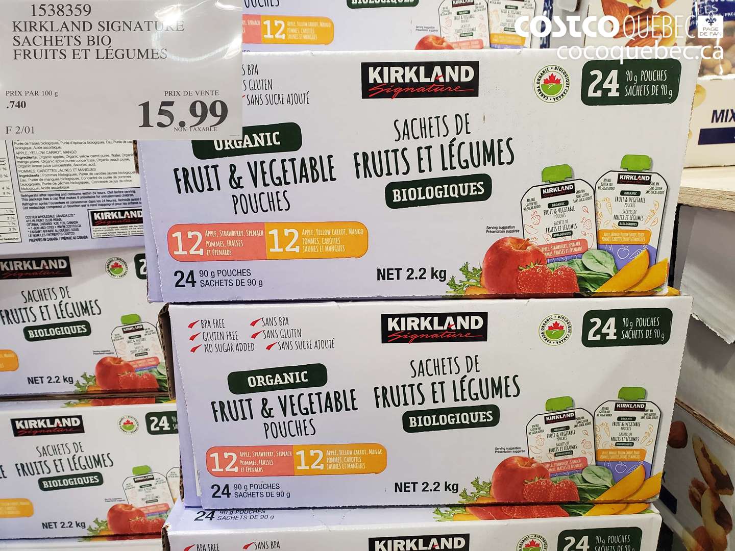 1538359 KIRKLAND SIGNATURE SACHETS BIO FRUITS ET LÉGUMES $15.99