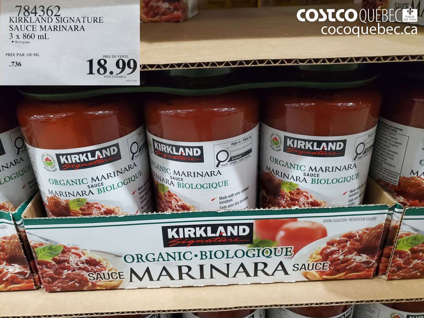 784362 KIRKLAND SIGNATURE SAUCE MARINARA 3 x 860 mL Biologique $18.99