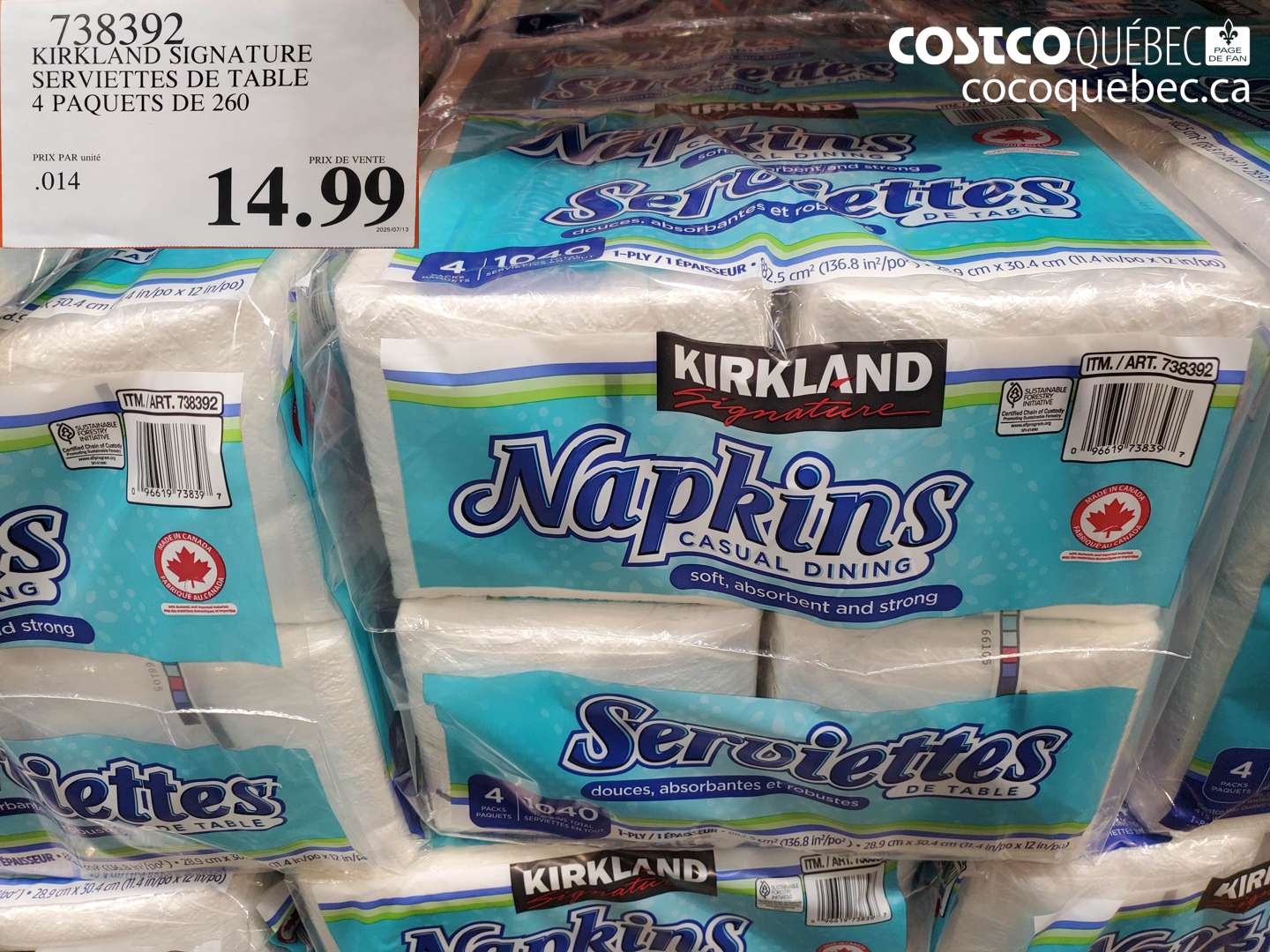738392 KIRKLAND SIGNATURE SERVIETTES DE TABLE 4 PAQUETS DE 260 $14.99