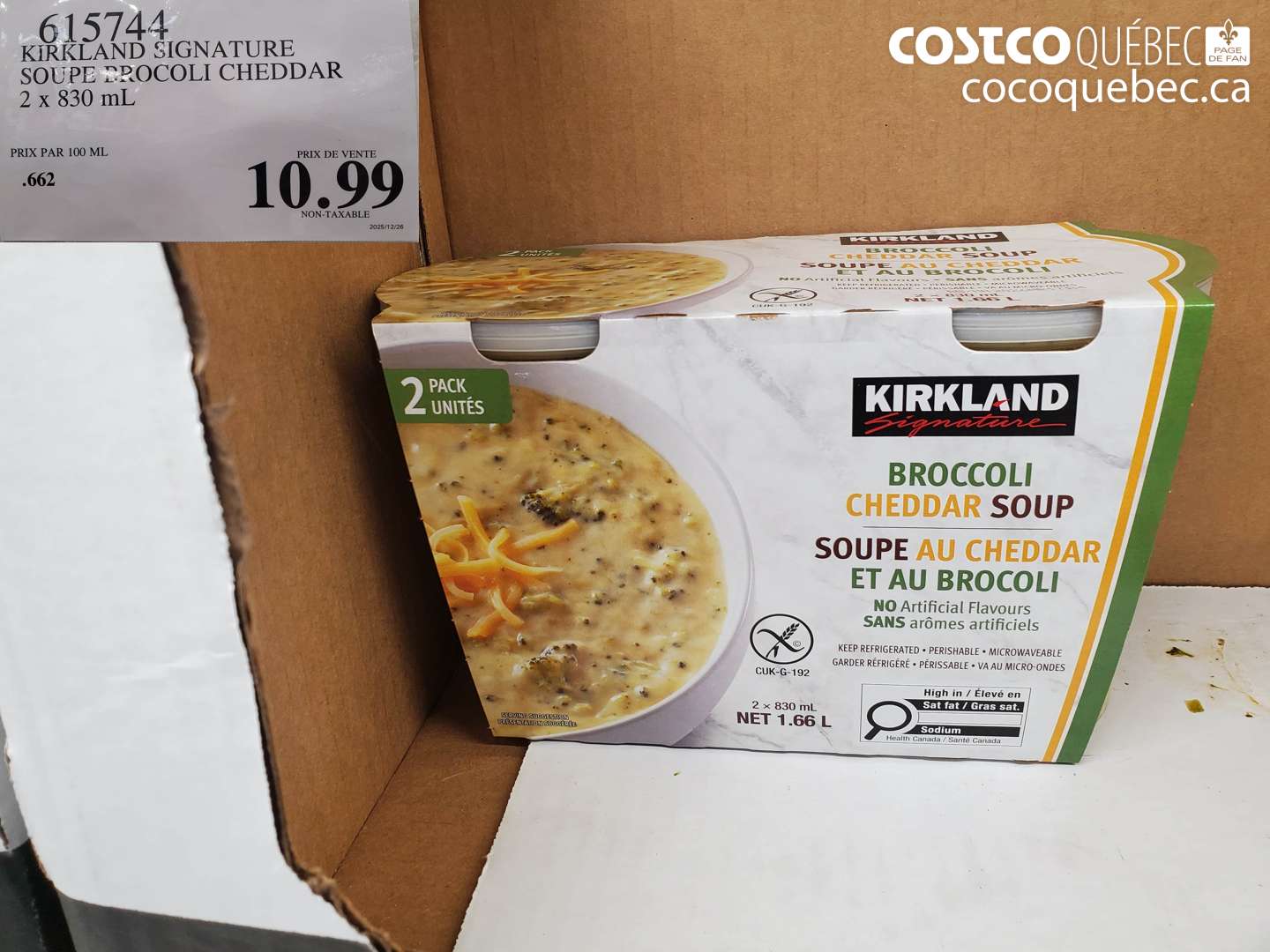615744 KIRKLAND SIGNATURE SOUPE BROCOLI CHEDDAR 2 x 830 mL $10.99