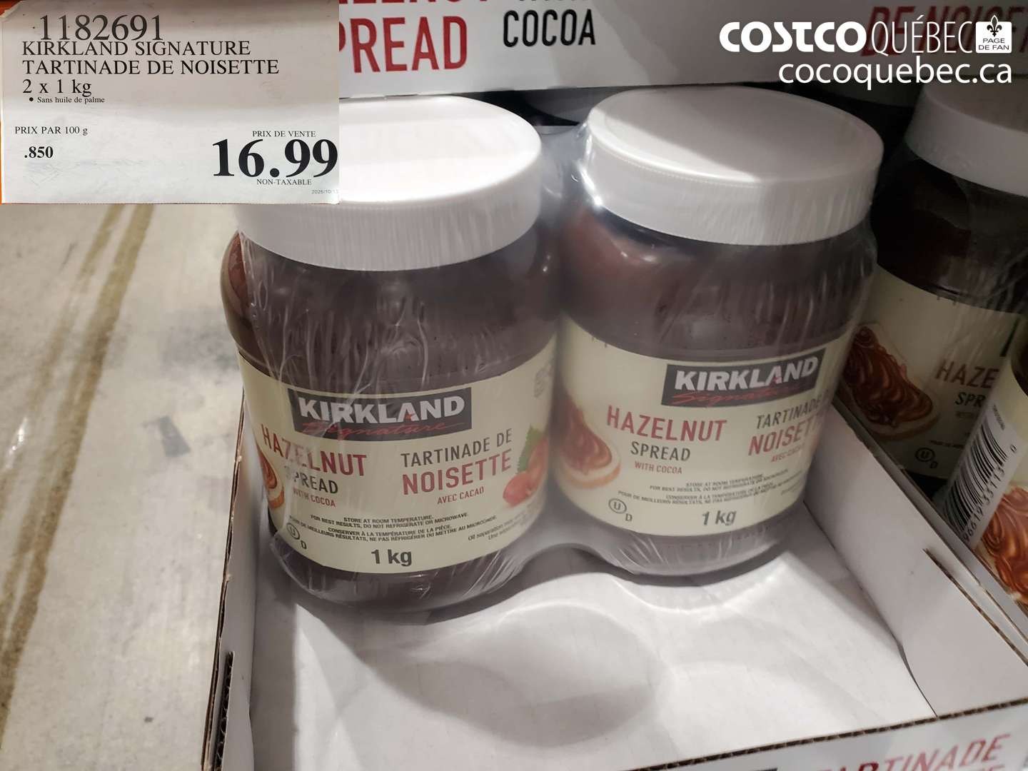 1182691 KIRKLAND SIGNATURE TARTINADE DE NOISETTE 2 x 1 kg $16.99