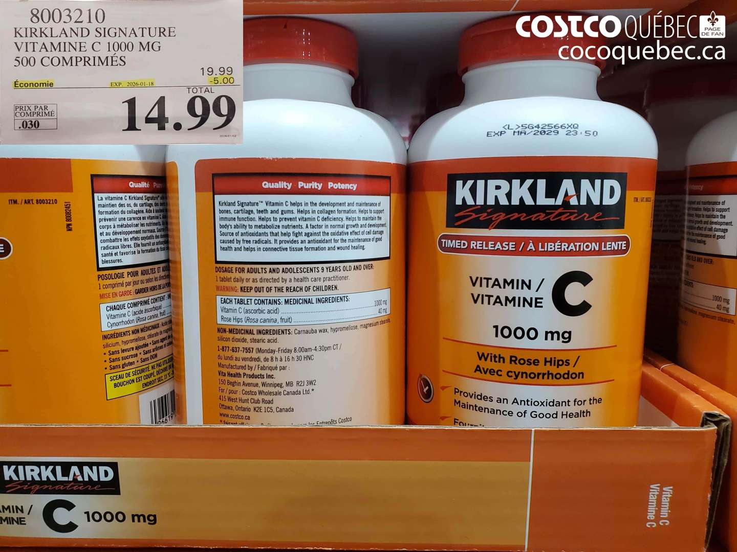 8003210 KIRKLAND SIGNATURE VITAMINE C 1000 MG 500 COMPRIMÉS ($5.00 INSTANT SAVINGS EXPIRES ON 2026-01-18) $14.99