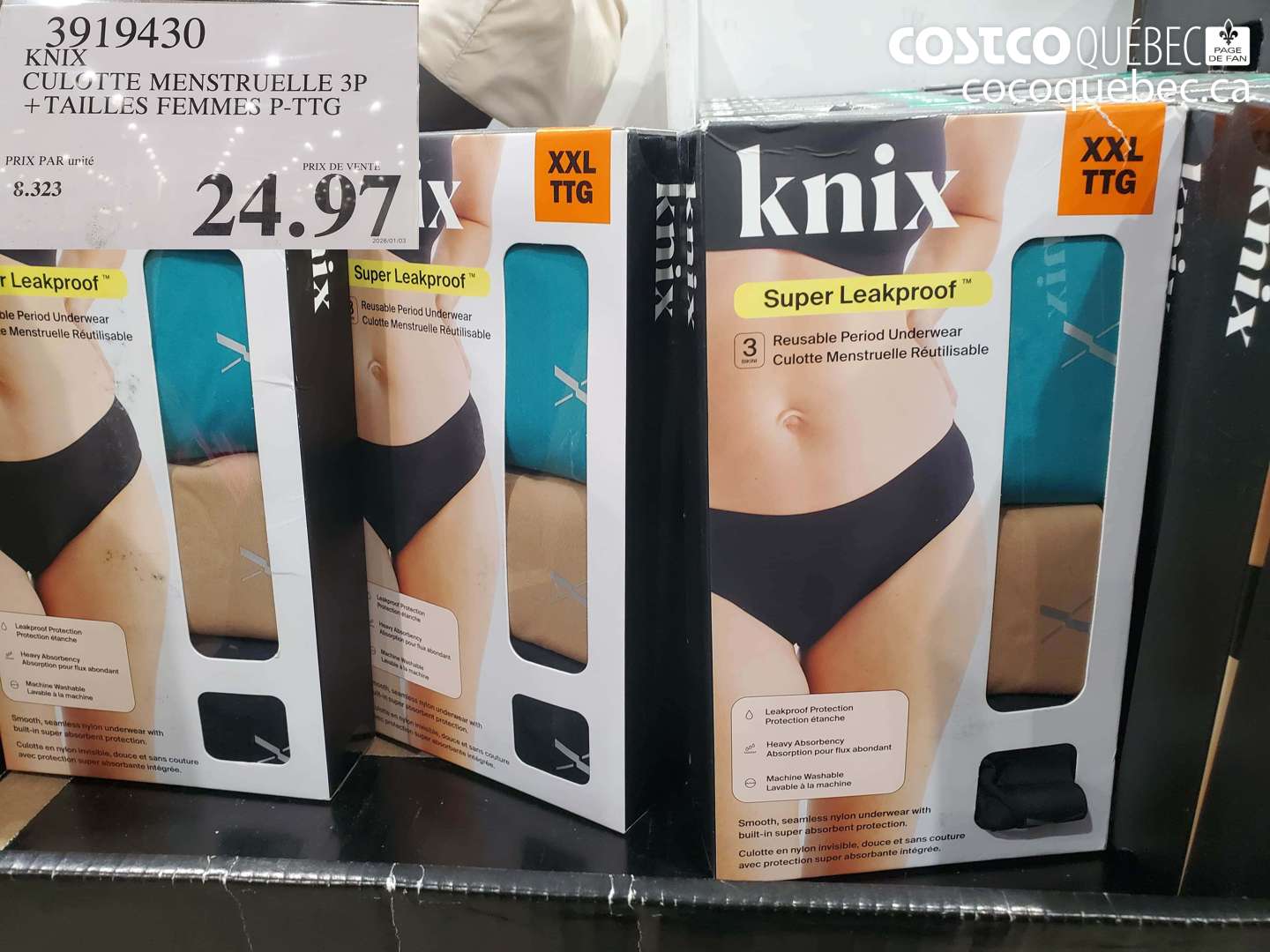 3919430 KNIX CULOTTE MENSTRUELLE 3P + TAILLES FEMMES P-PTG $24.97