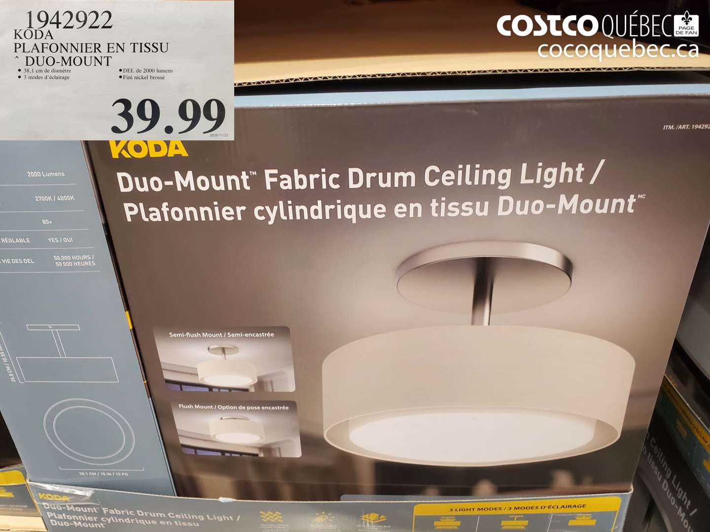 1942922 KODA PLAFONNIER EN TISSU DUO-MOUNT $39.99