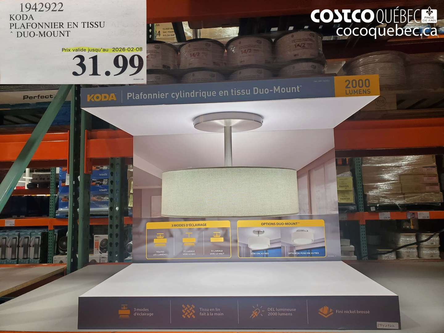 1942922 KODA PLAFONNIER EN TISSU DUO-MOUNT (EXPIRES ON 2026-02-08) $31.99