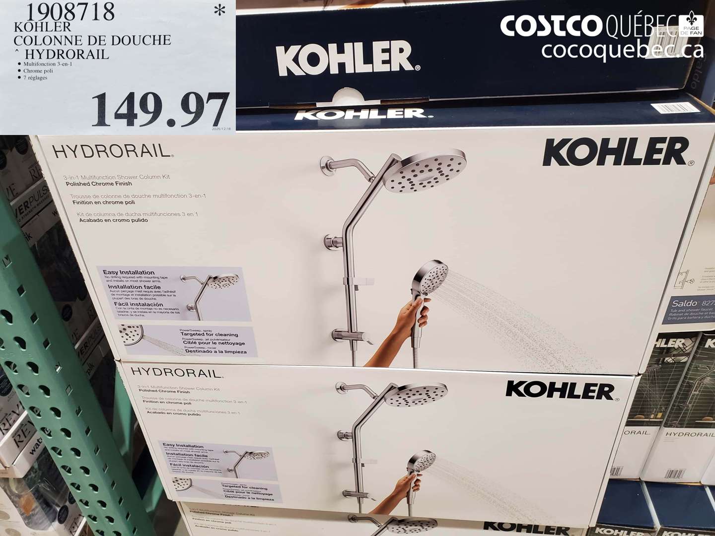 1908718 KOHLER COLONNE DE DOUCHE HYDRO RAIL $149.97