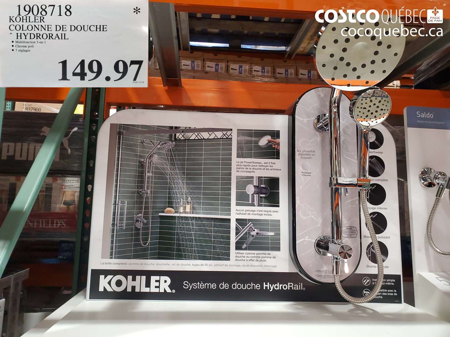 1908718 KOHLER COLONNE DE DOUCHE HYDRO RAIL $149.97