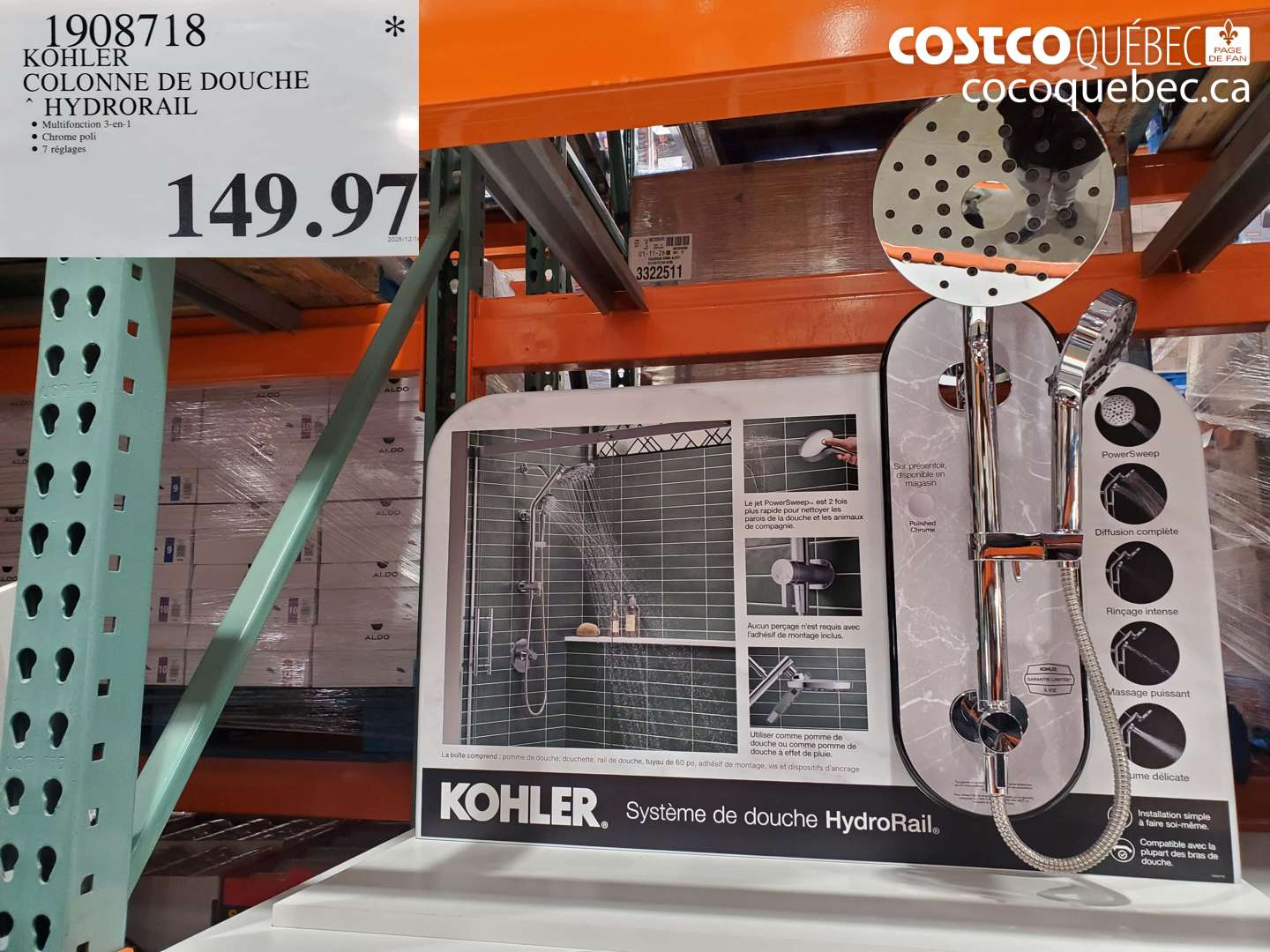 1908718 KOHLER COLONNE DE DOUCHE HYDRO RAIL $149.97