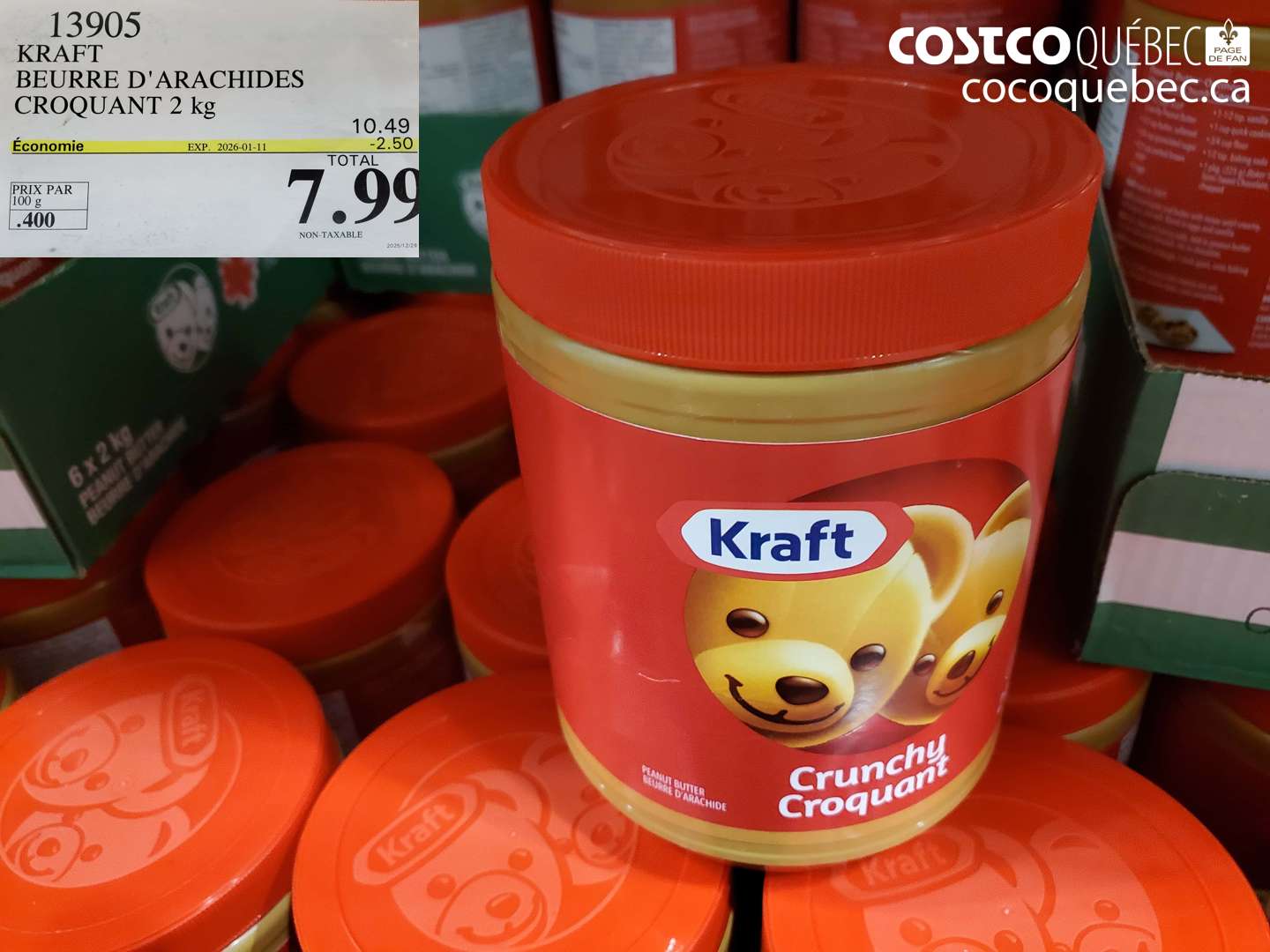 13905 KRAFT BEURRE D'ARACHIDES CROQUANT 2 kg ($2.50 INSTANT SAVINGS EXPIRES ON 2026-01-11) $7.99