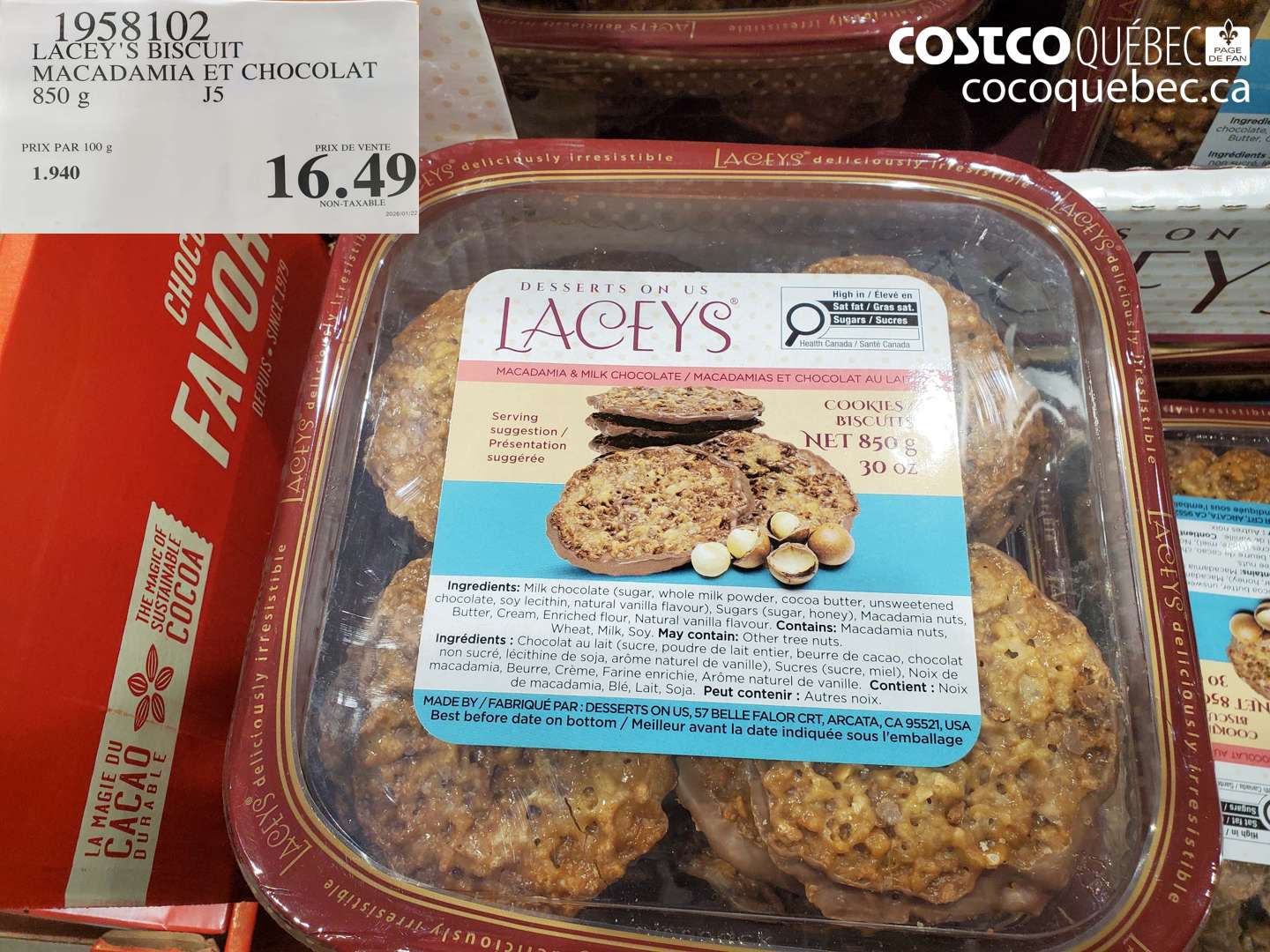 1958102 LACEY'S BISCUIT MACADAMIA ET CHOCOLAT 850 g $16.49
