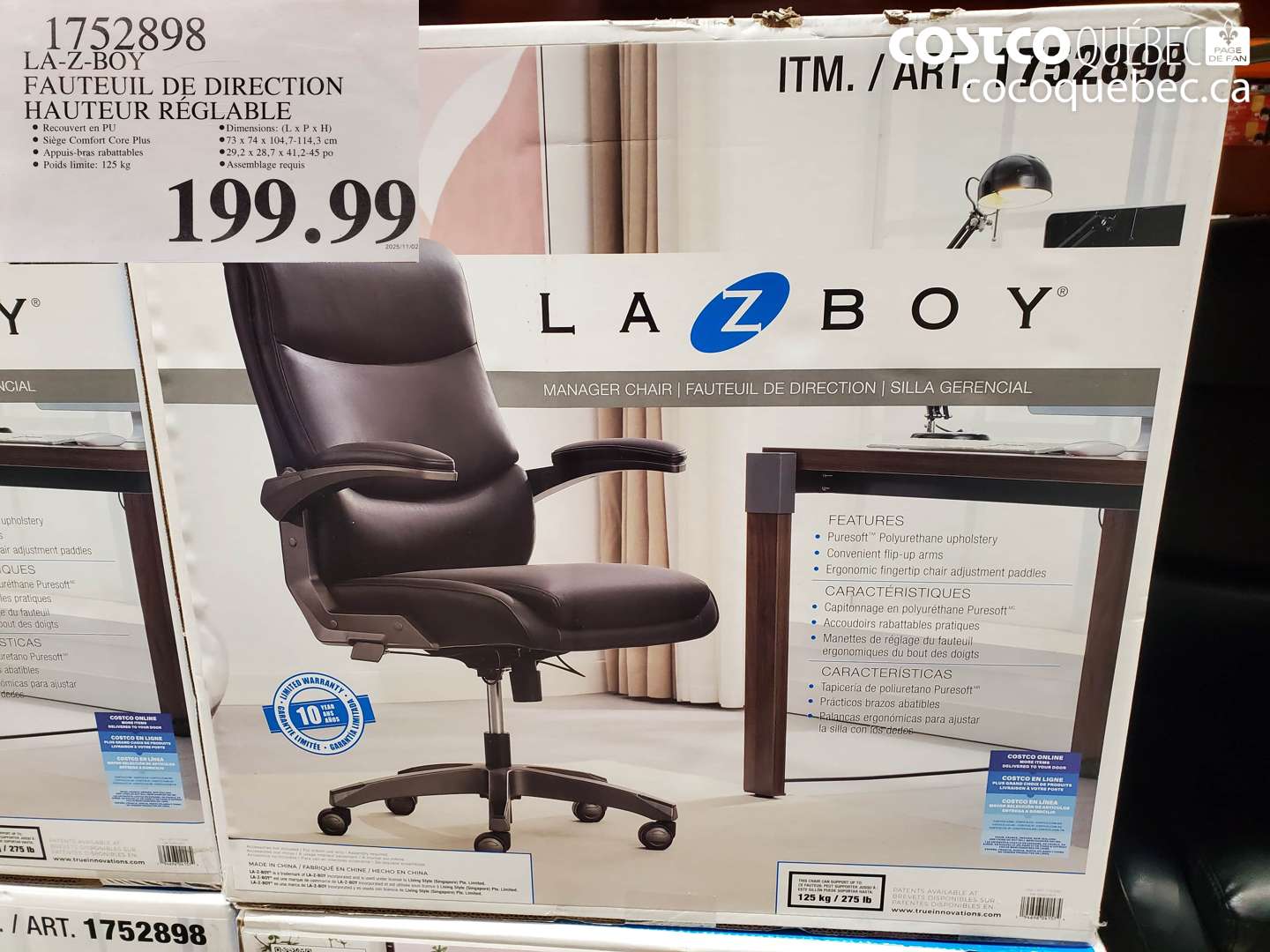 1752898 LA-Z-BOY FAUTEUIL DE DIRECTION HAUTEUR RÉGLABLE $199.99