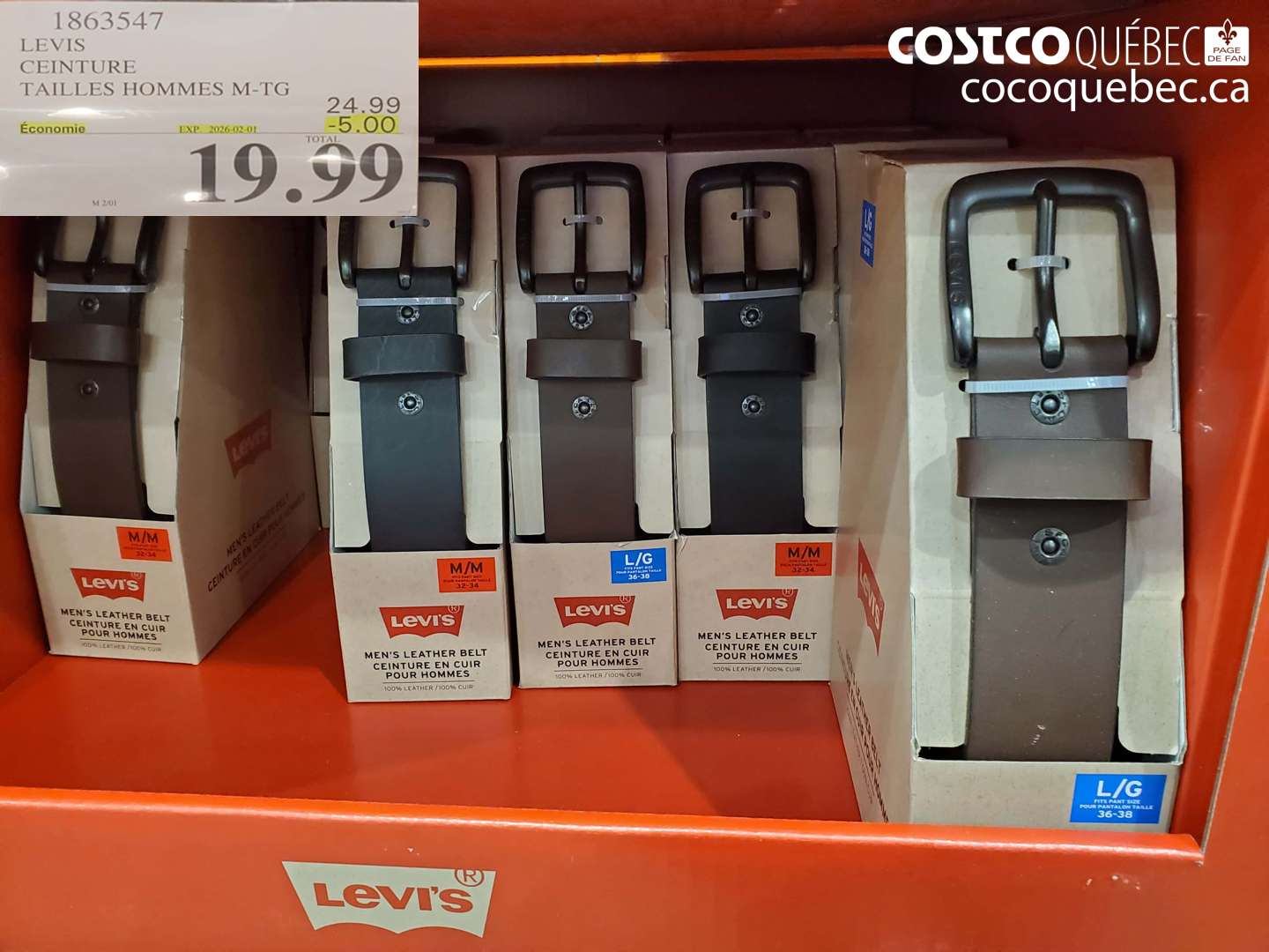 1863547 LEVIS CEINTURE TAILLES HOMMES M-TG ($5.00 INSTANT SAVINGS EXPIRES ON 2025-02-01) $19.99