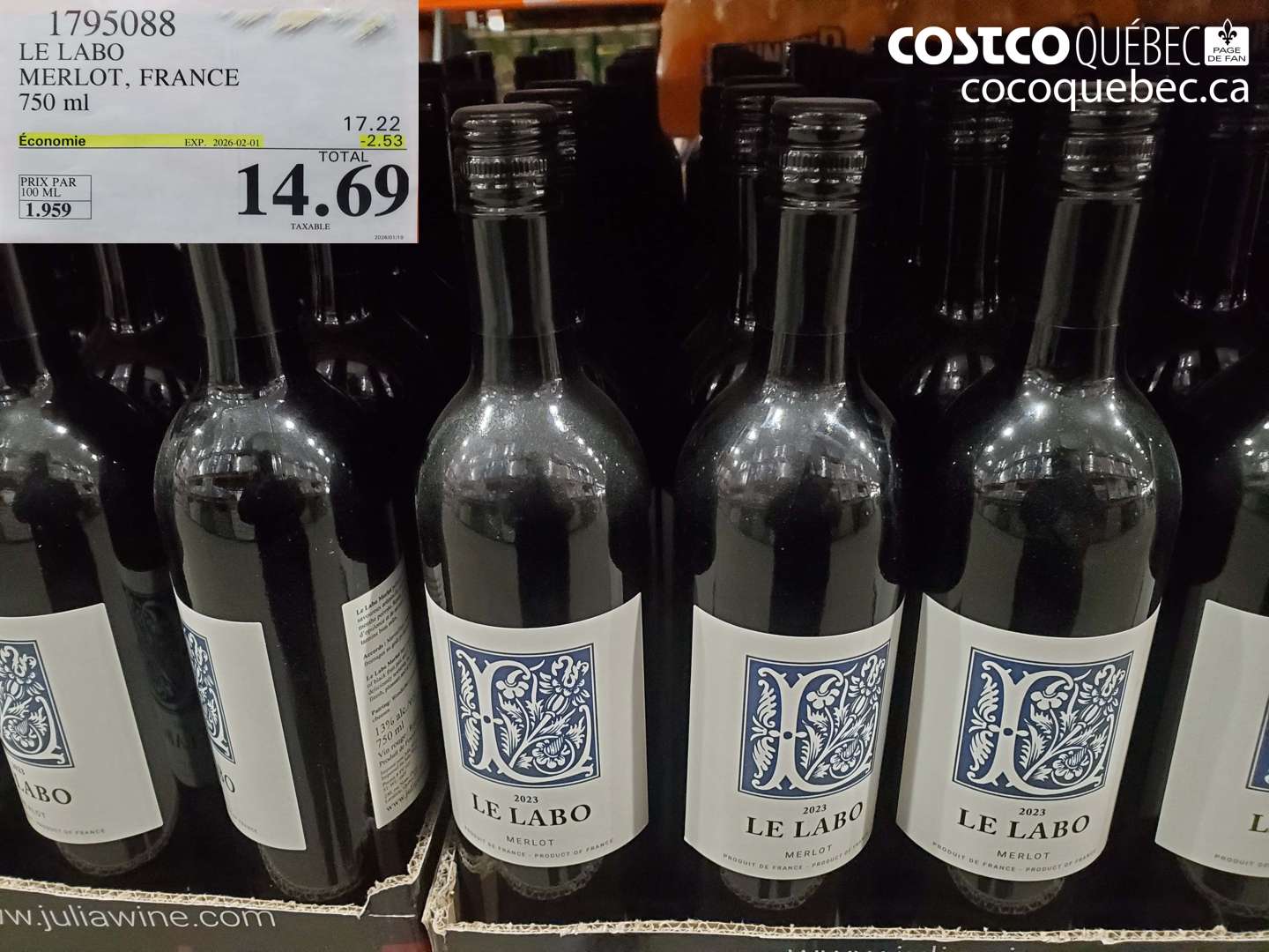 1795088 LE LABO MERLOT, FRANCE 750 mL  ($2.53 INSTANT SAVINGS EXPIRES ON 2026-02-01) $14.69